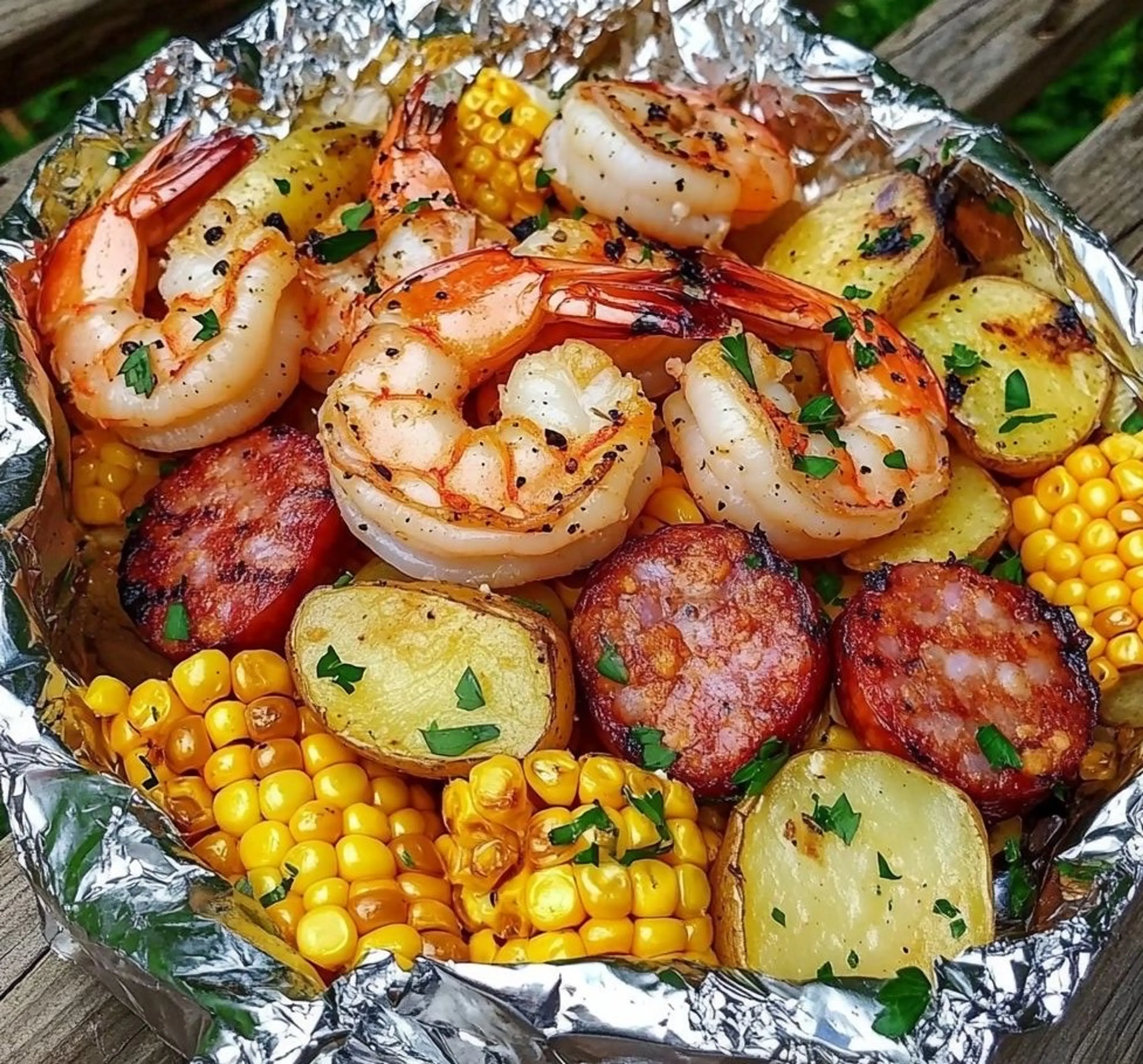 Shrimp, Corn, Potatoes, and Smoked Sausage Foil Pack