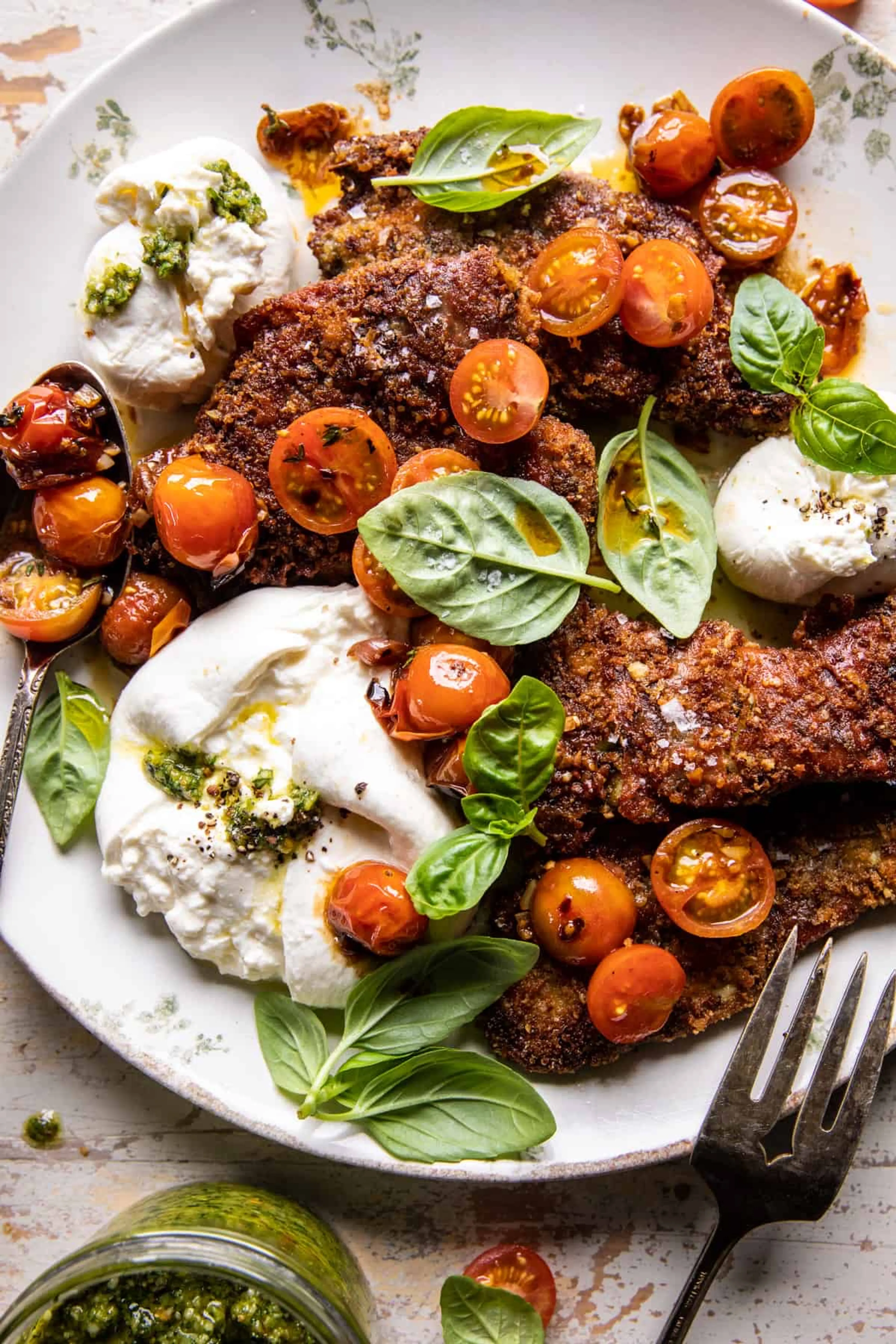 Pesto Chicken Saltimbocca with Burst Tomatoes and Burrata
