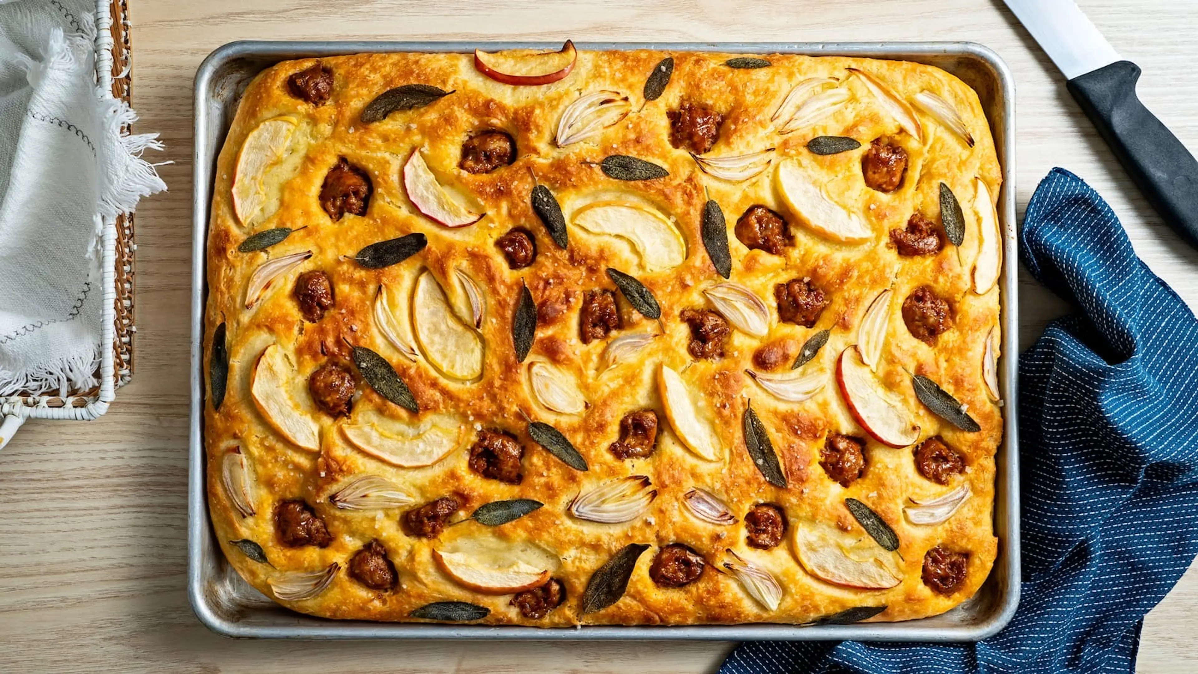No-Knead Focaccia With Sausage, Apple and Shallots