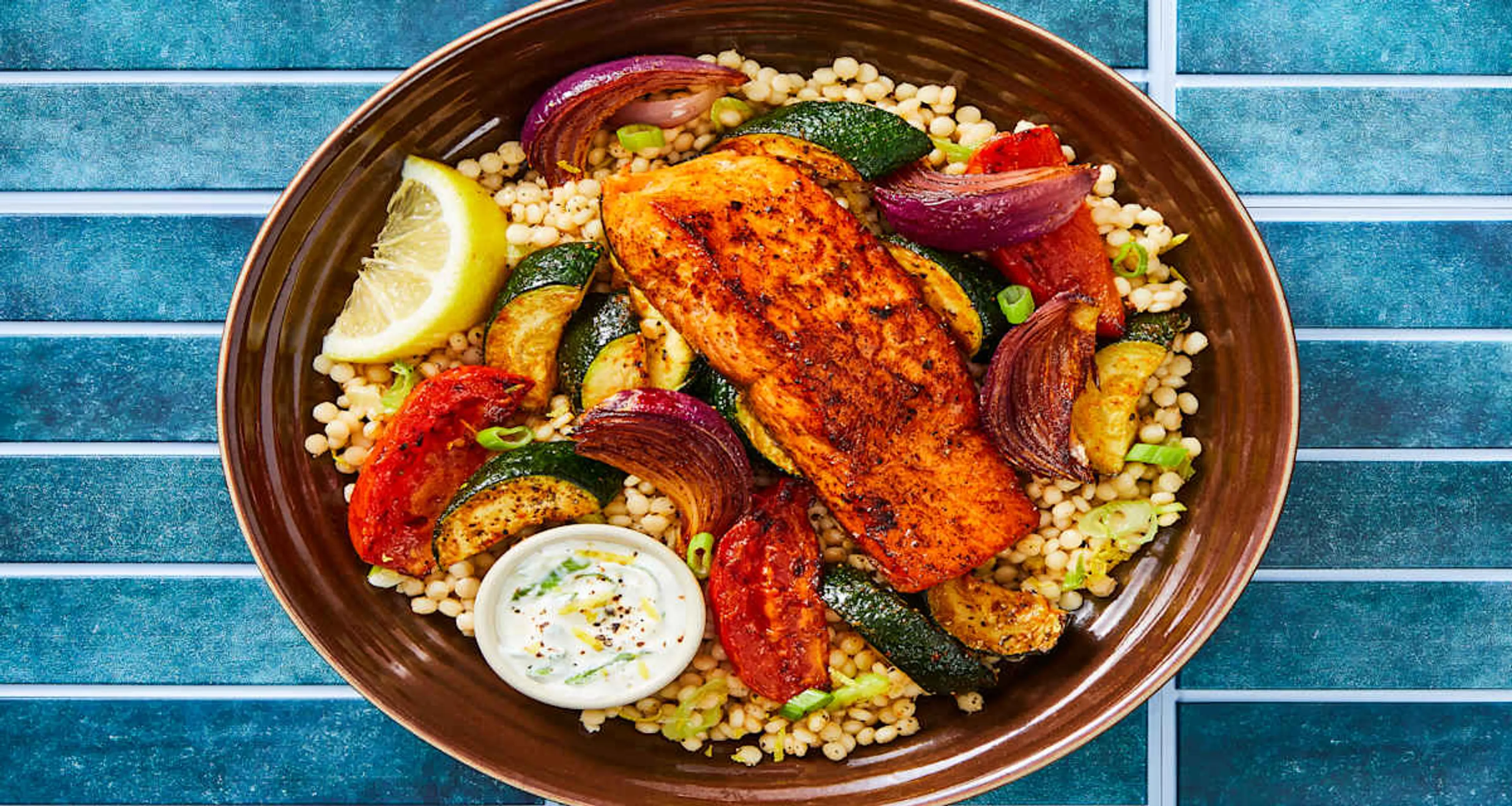 Seared Salmon with Lemon Yogurt Sauce with Garlic Couscous &