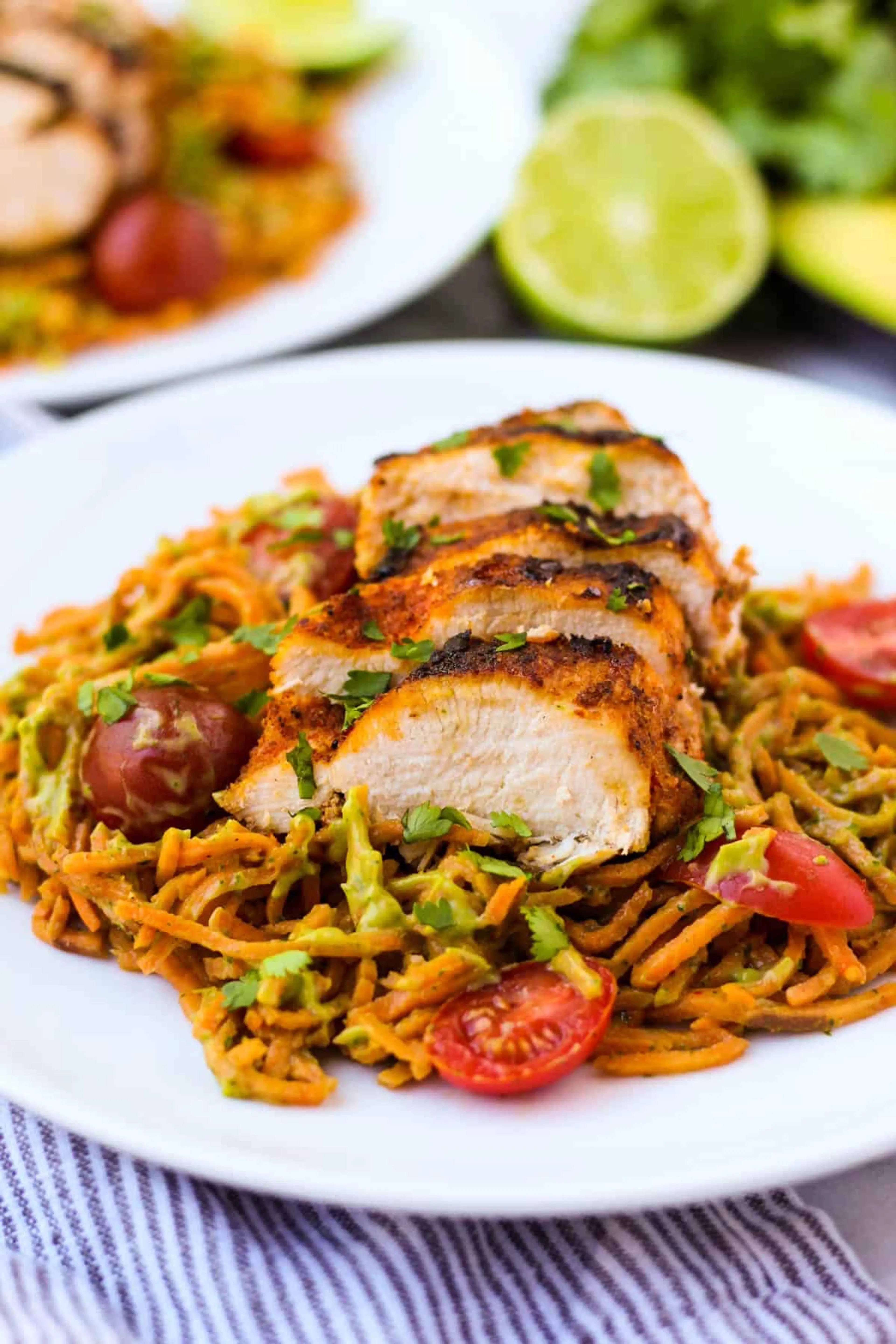 Chili Dusted Chicken & Sweet Potato Noodles with Avocado Sau
