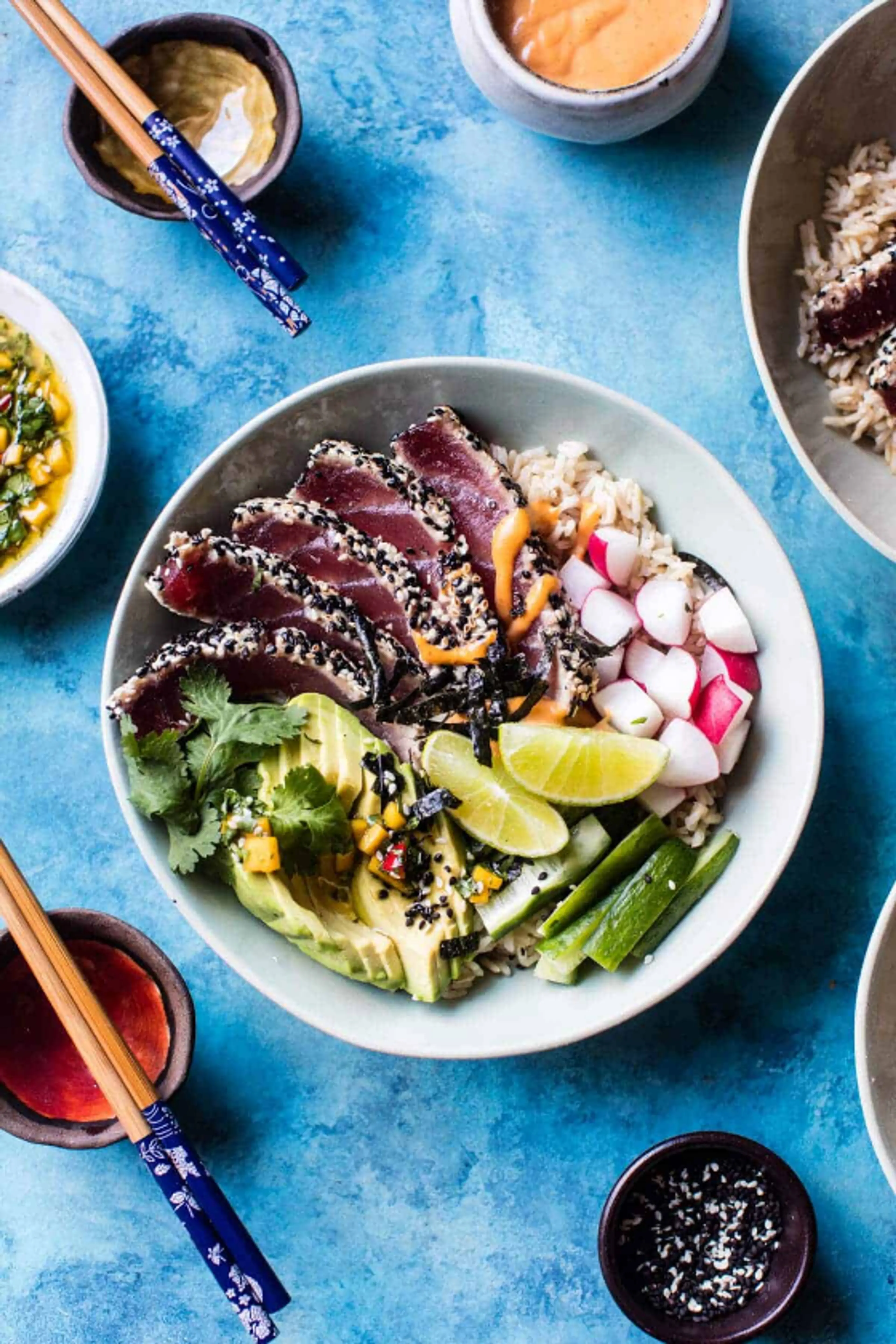 Spicy Brown Rice Seared Tuna Roll Bowl with Mango Chimichurr
