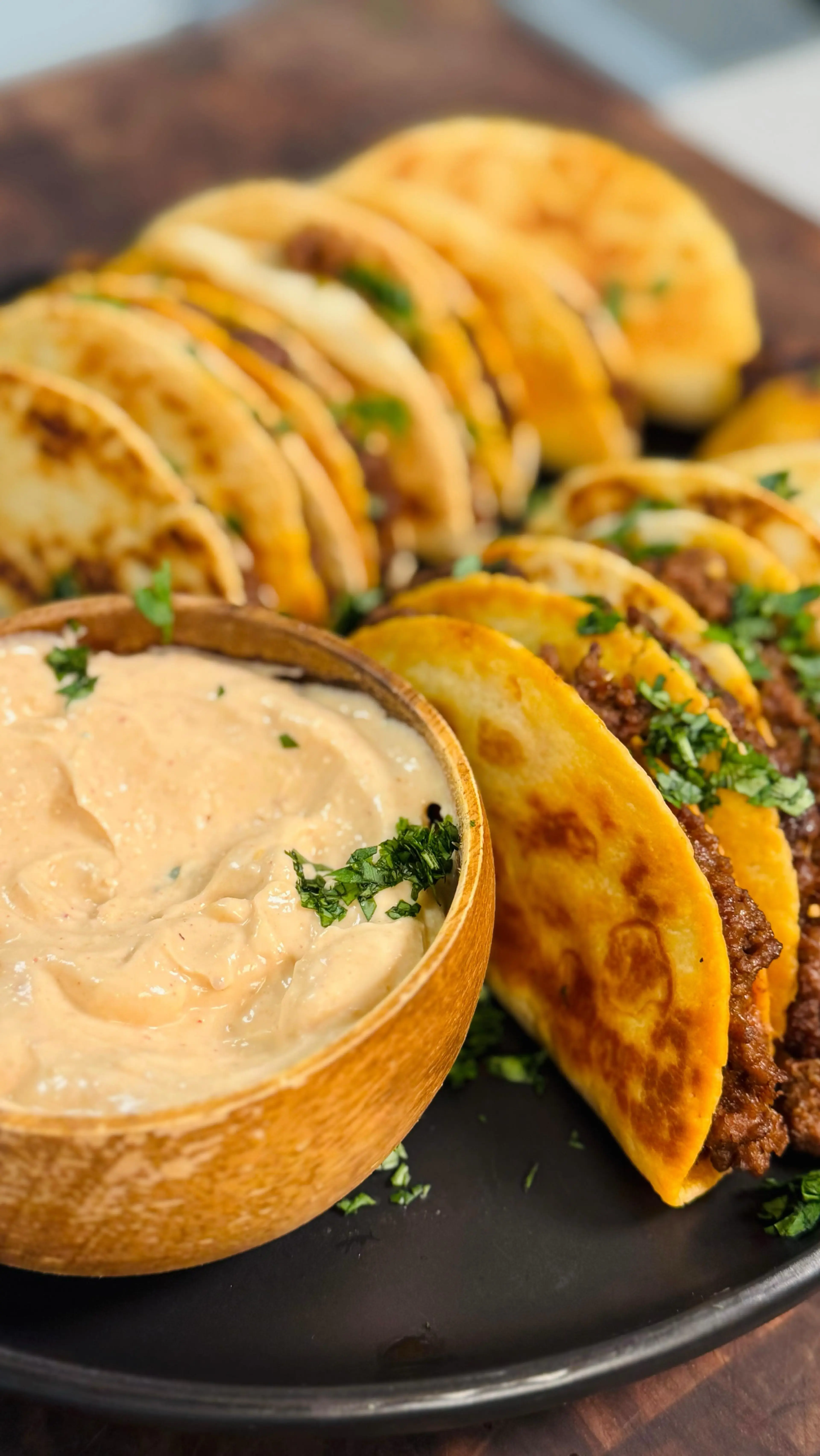 Cheesy High-protein Mini Beef Tacos with Chipotle Lime Dip