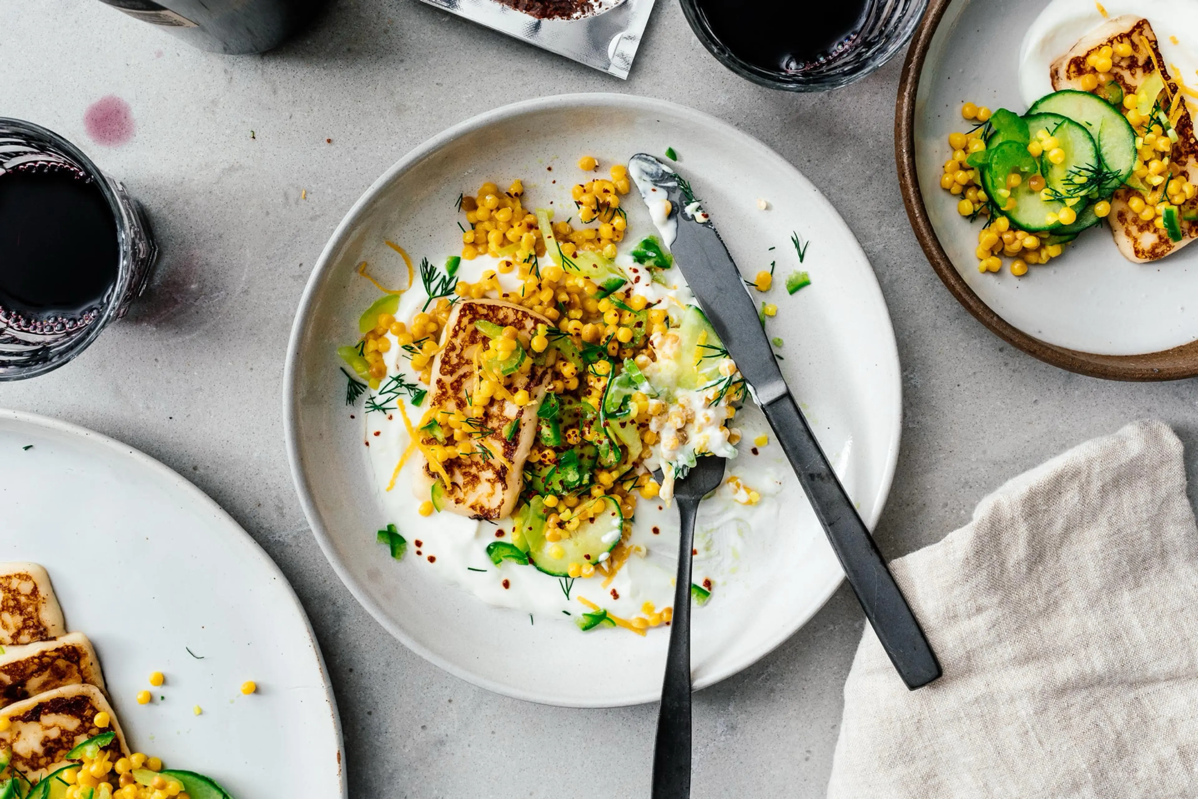 Pan-fried Halloumi with Israeli cous cous salad recipe