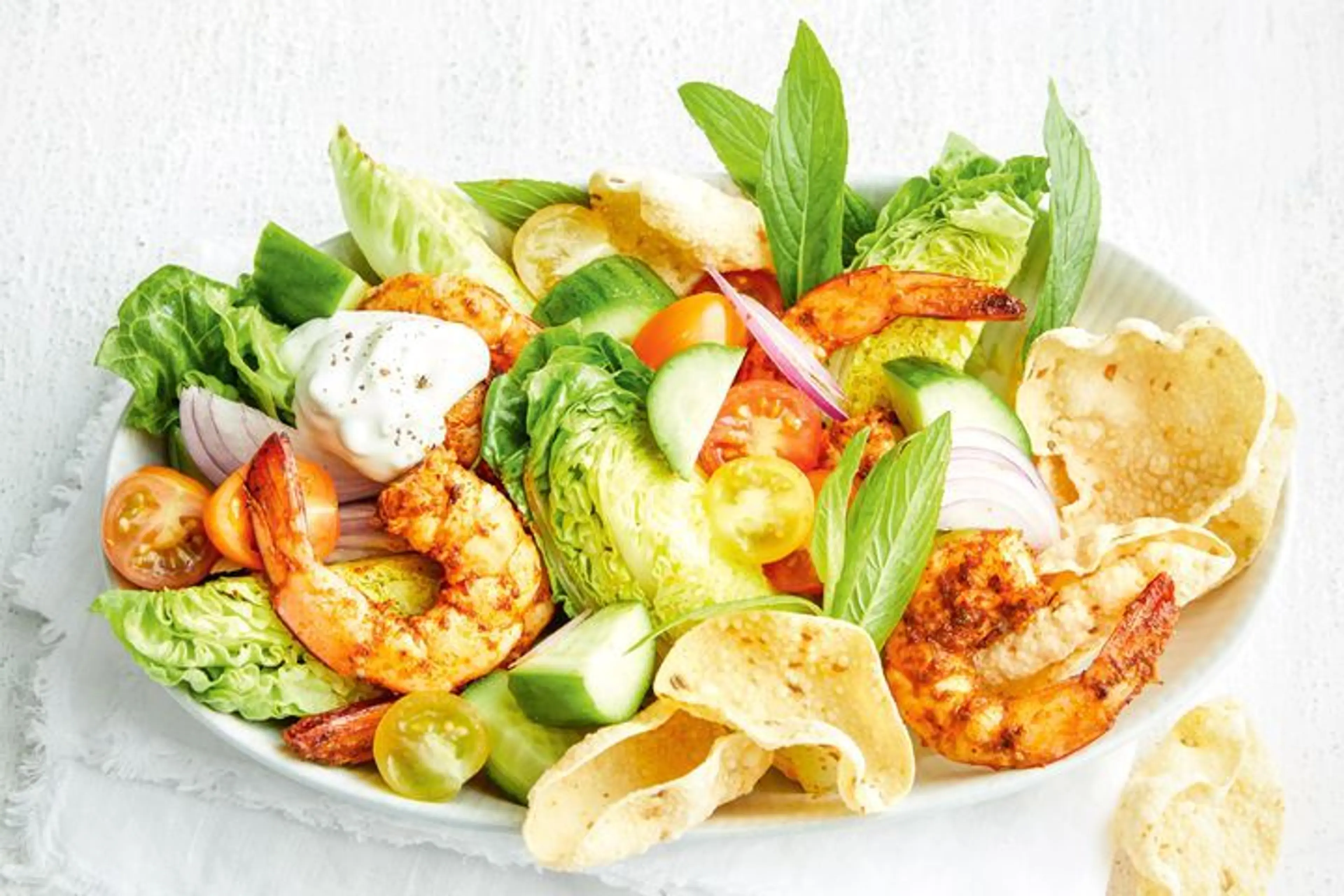 Tandoori prawn and pappadum salad