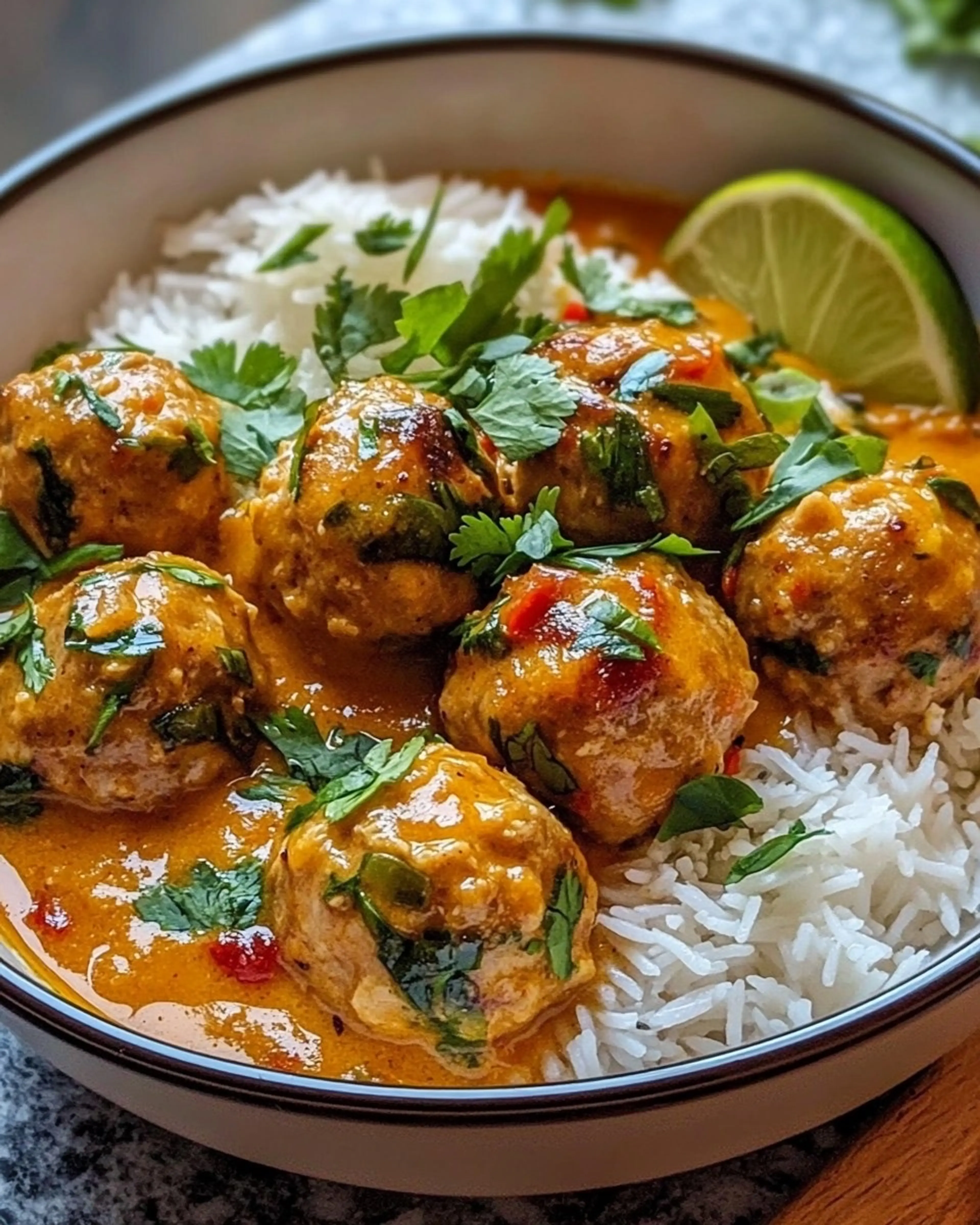 Tender Thai Chicken Meatballs Simmered in Creamy Coconut Cur