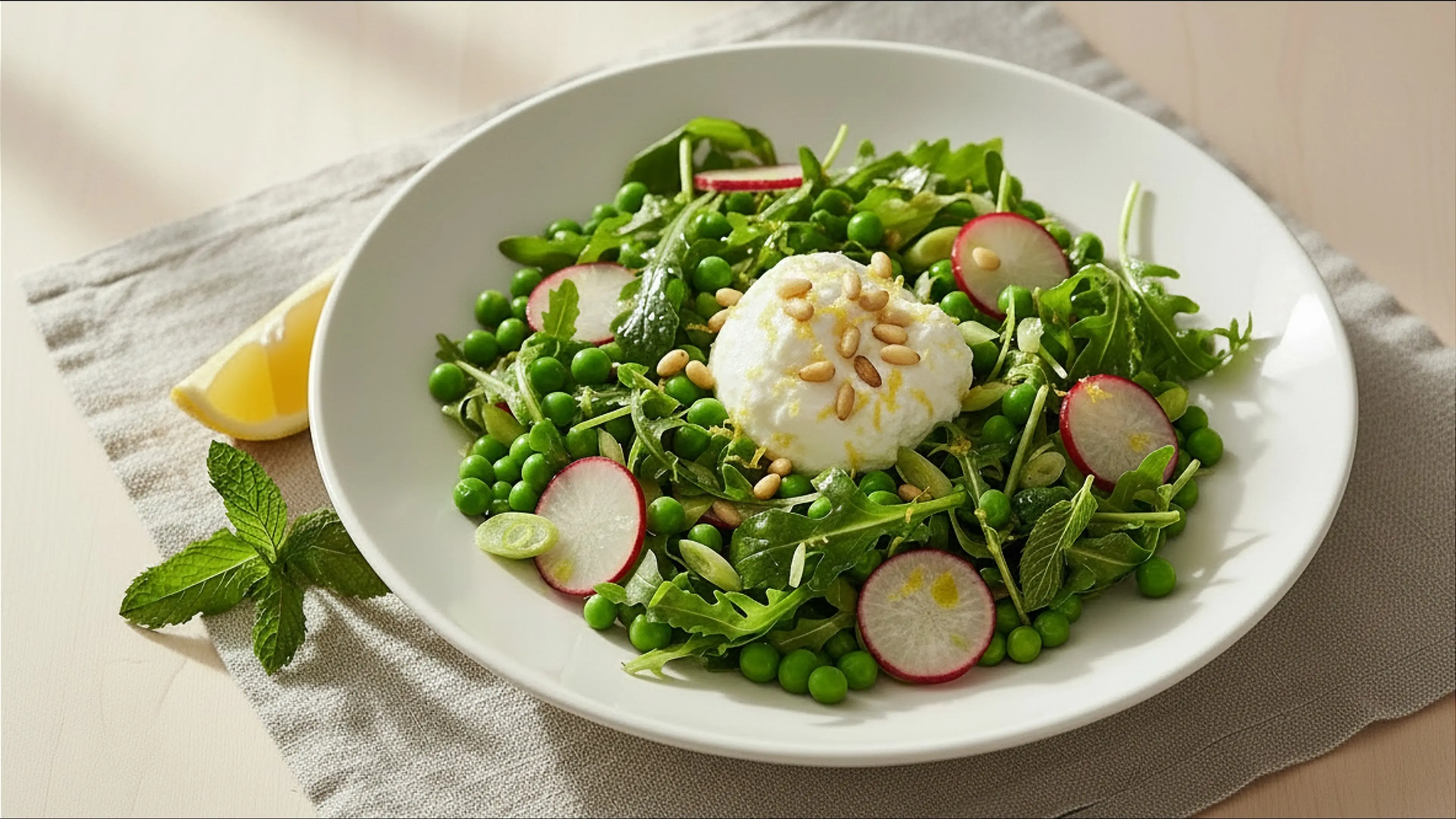 Erbsen-Minze-Salat mit Ricotta und Zitrone