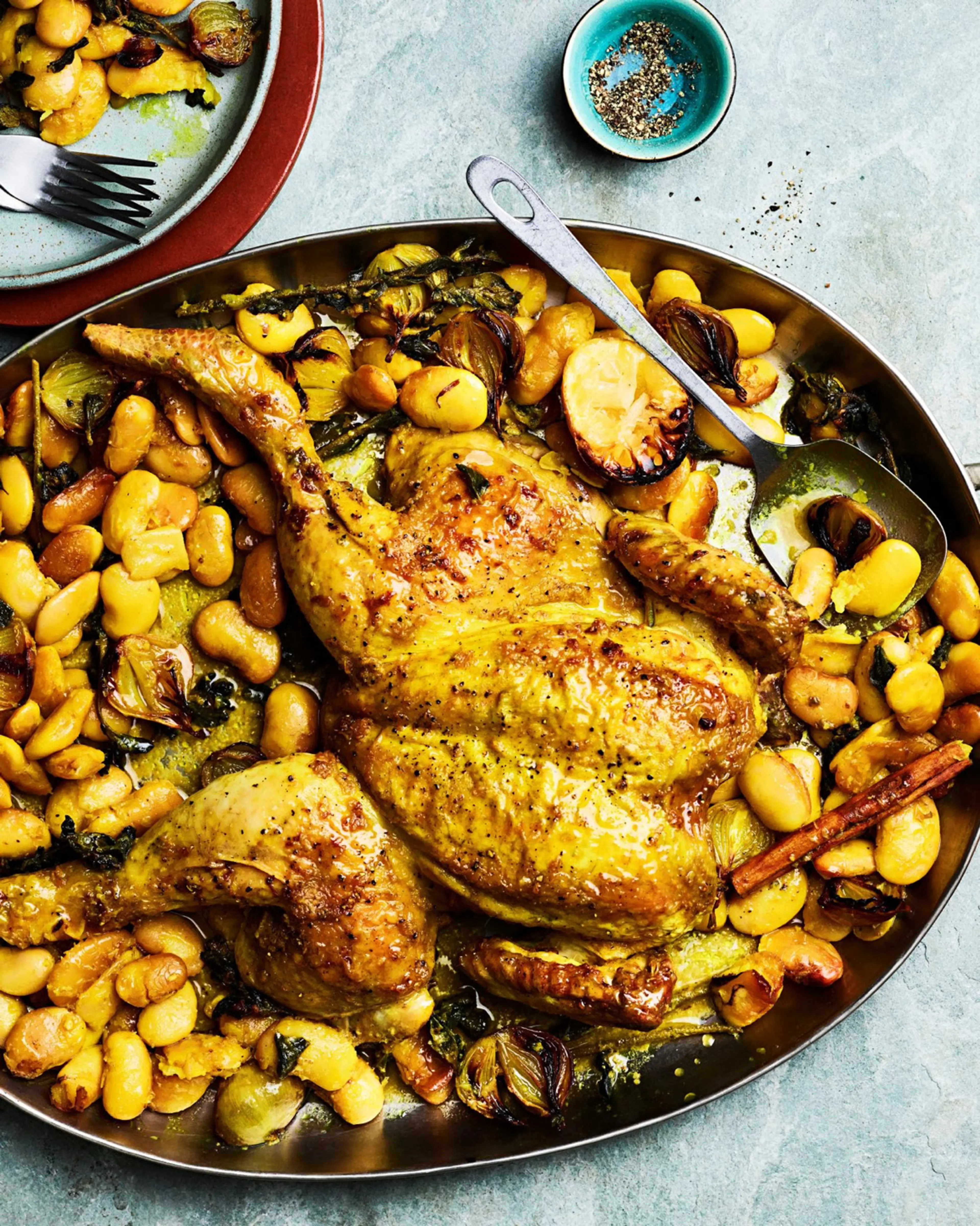 Roast chicken with oregano and butter beans