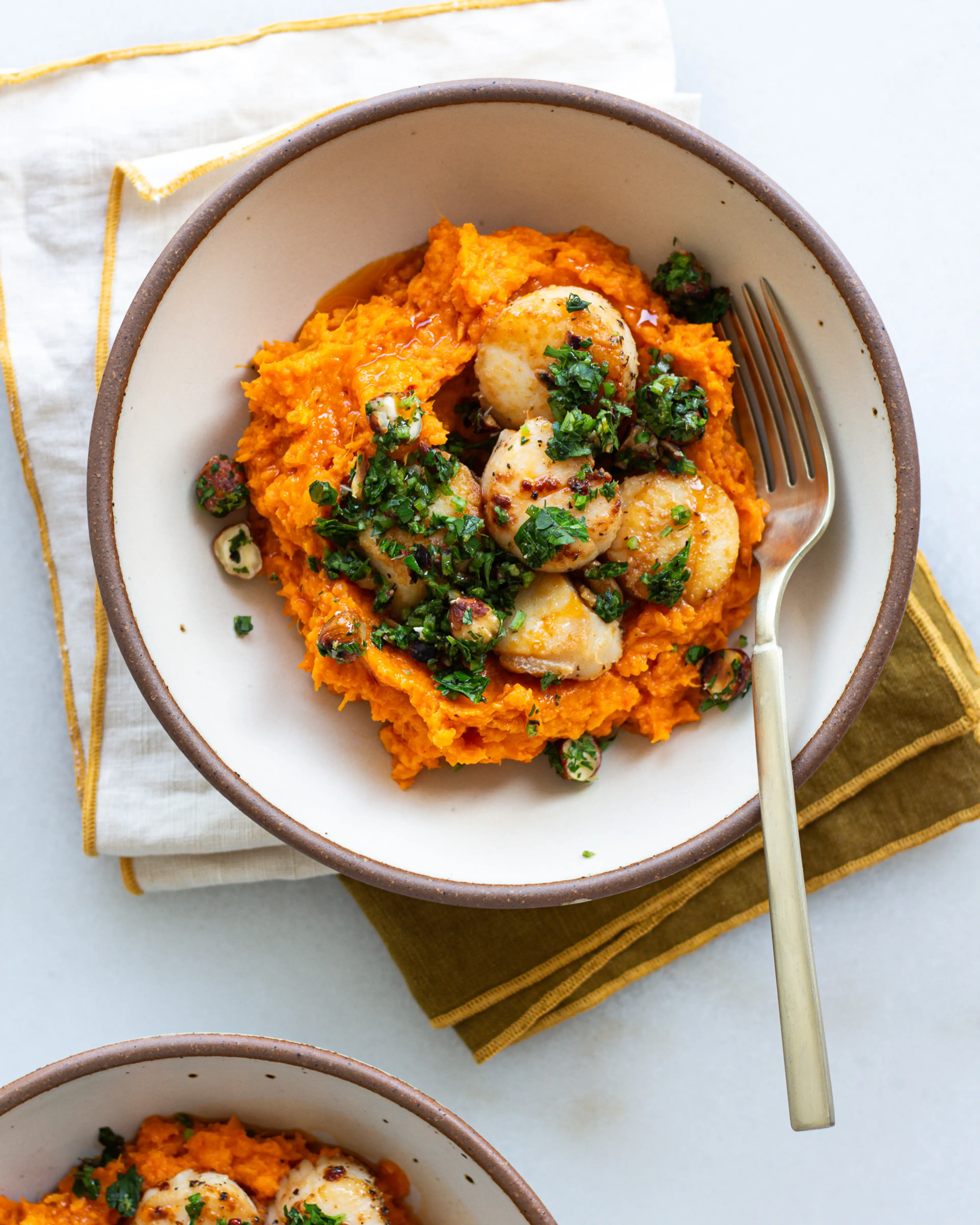 Seared Scallops with Romesco Sweet Potatoes and Hazelnut Gre