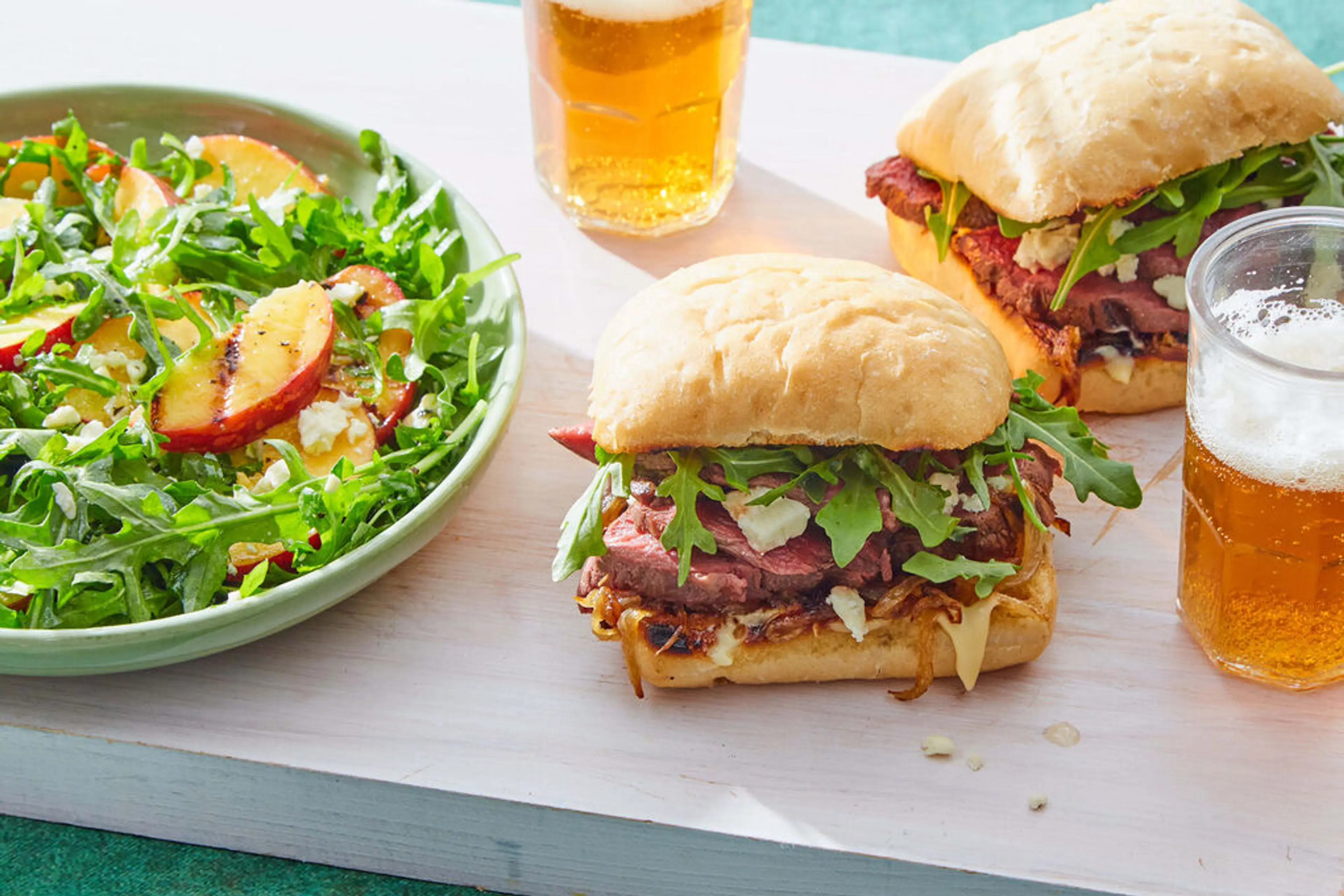 Grilled Steak Sandwich with Grilled Peach & Arugula Salad