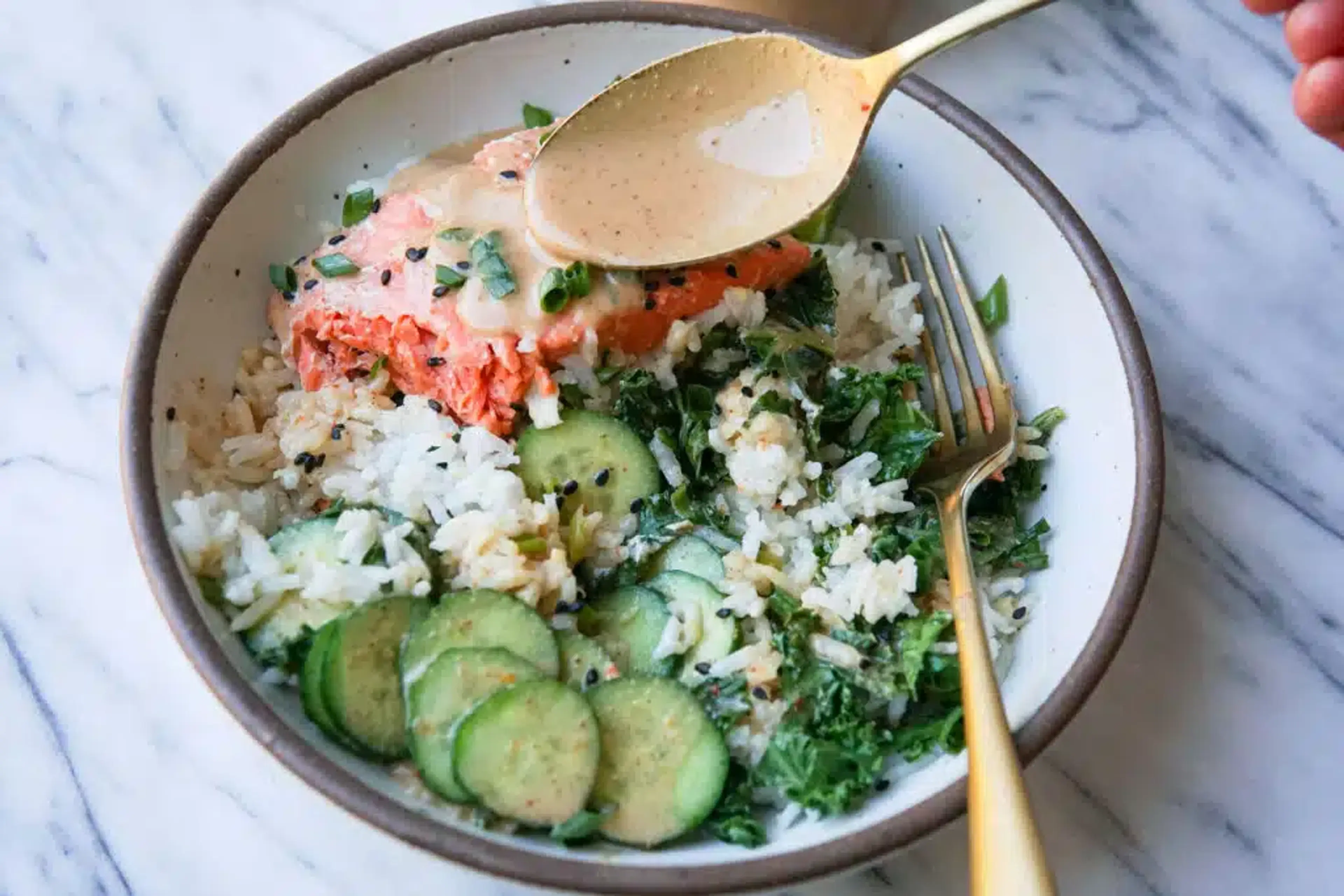One Pot Salmon + Coconut Rice with Coconut Tahini Sauce