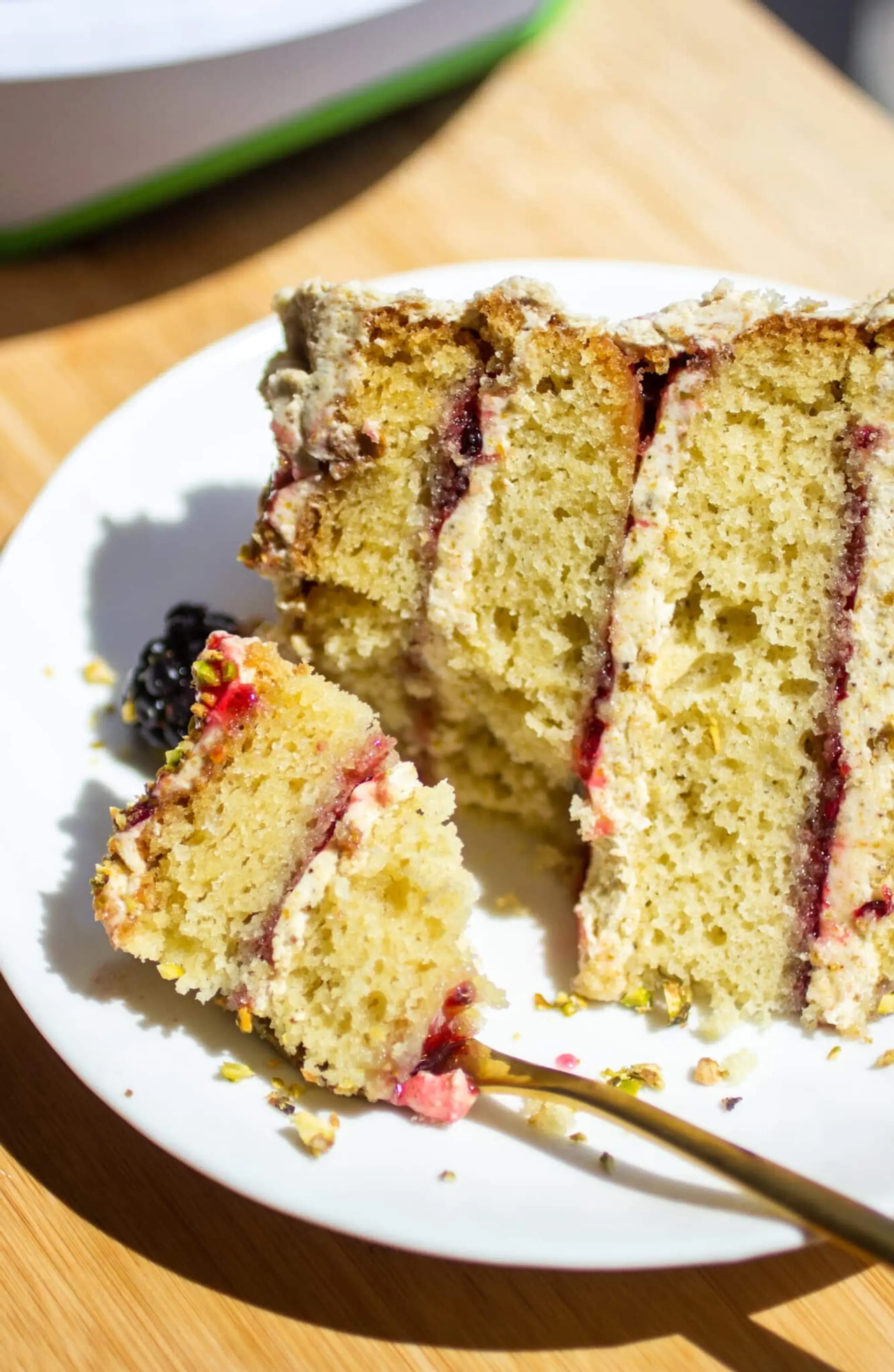 Olive Oil Pistachio Blackberry Cake