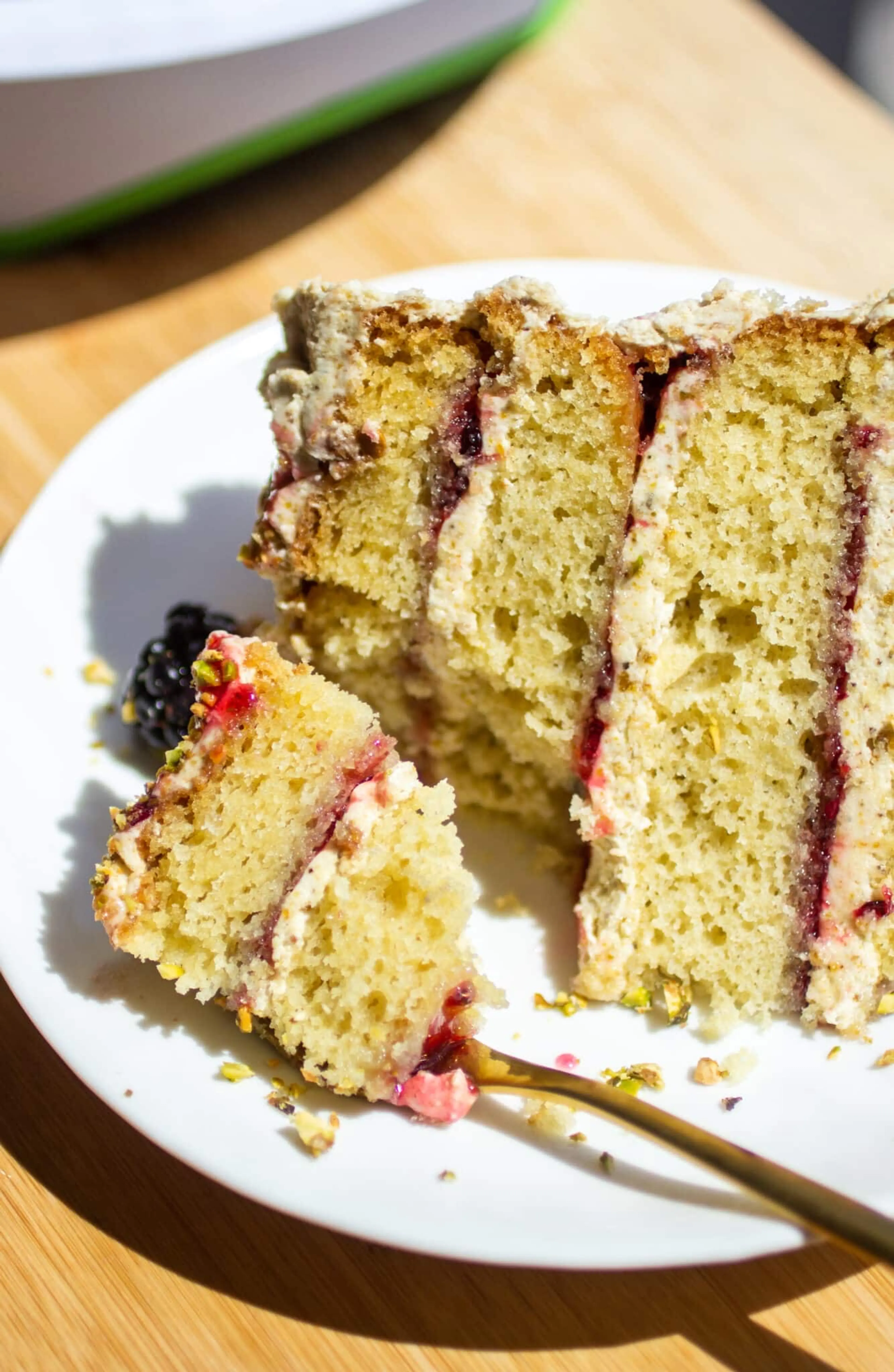 Olive Oil Pistachio Blackberry Cake