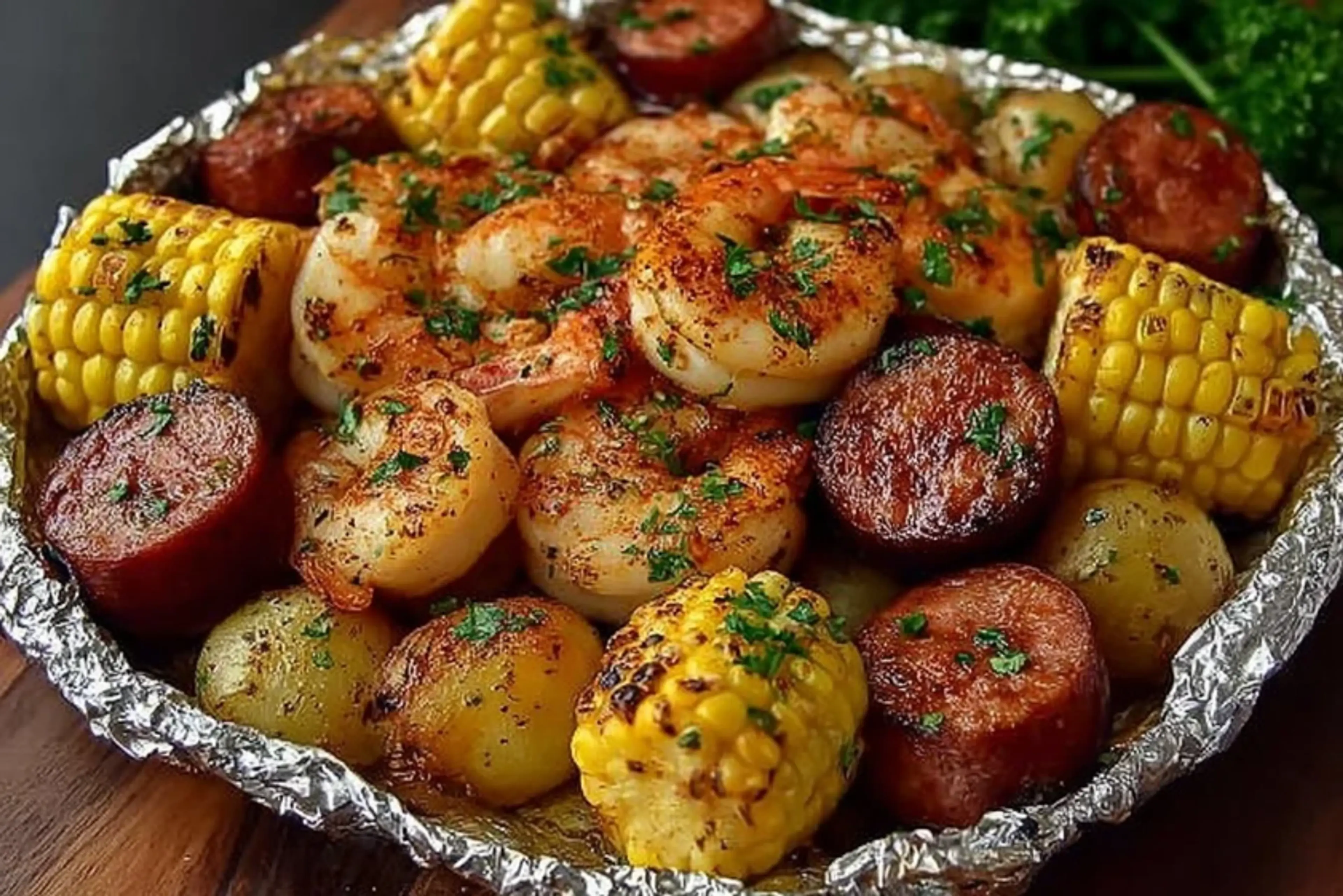 Shrimp, Corn, Potatoes, and Smoked Sausage Foil Pack