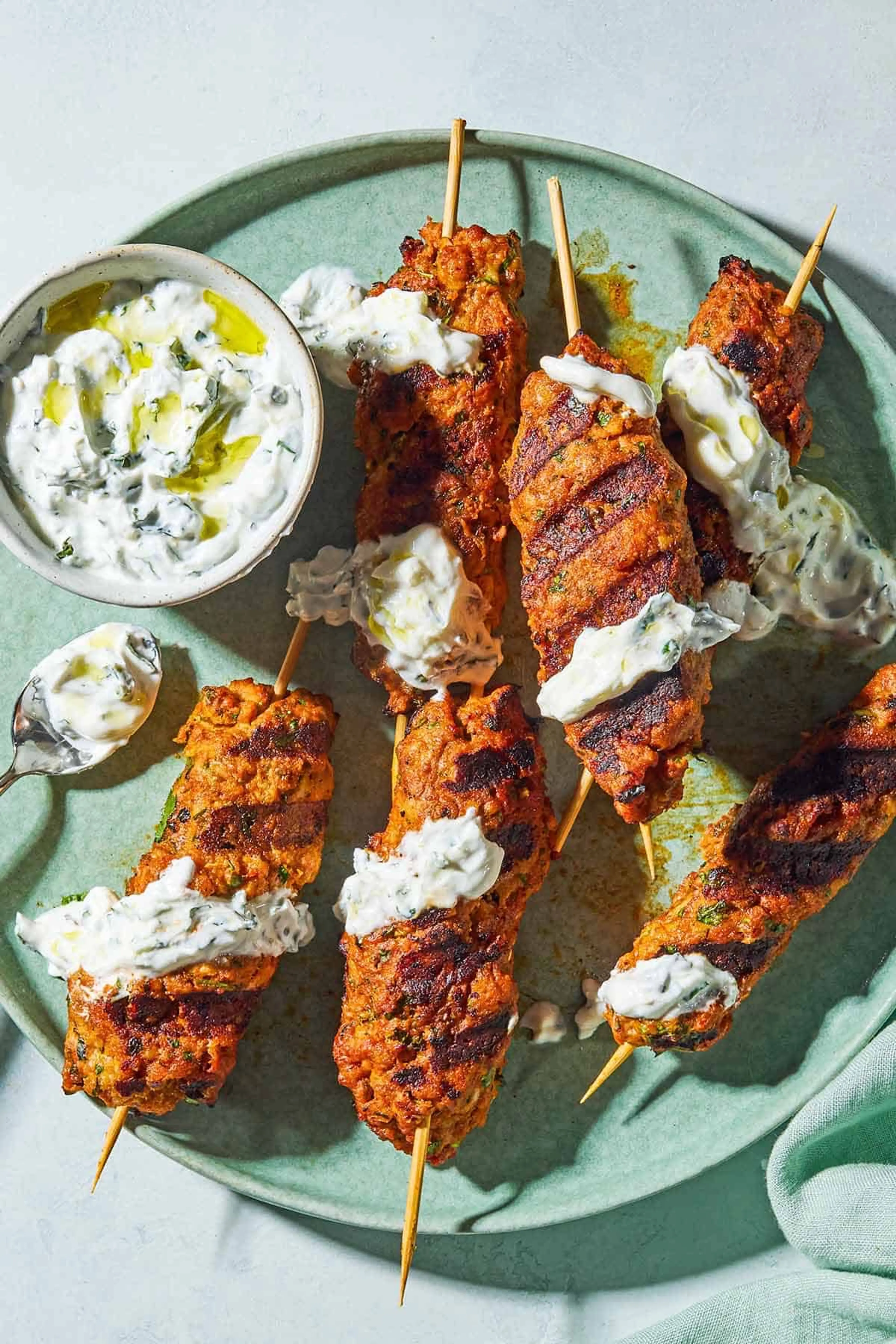Chicken Kofta Kebabs with Harissa and Garlic-Mint Yogurt