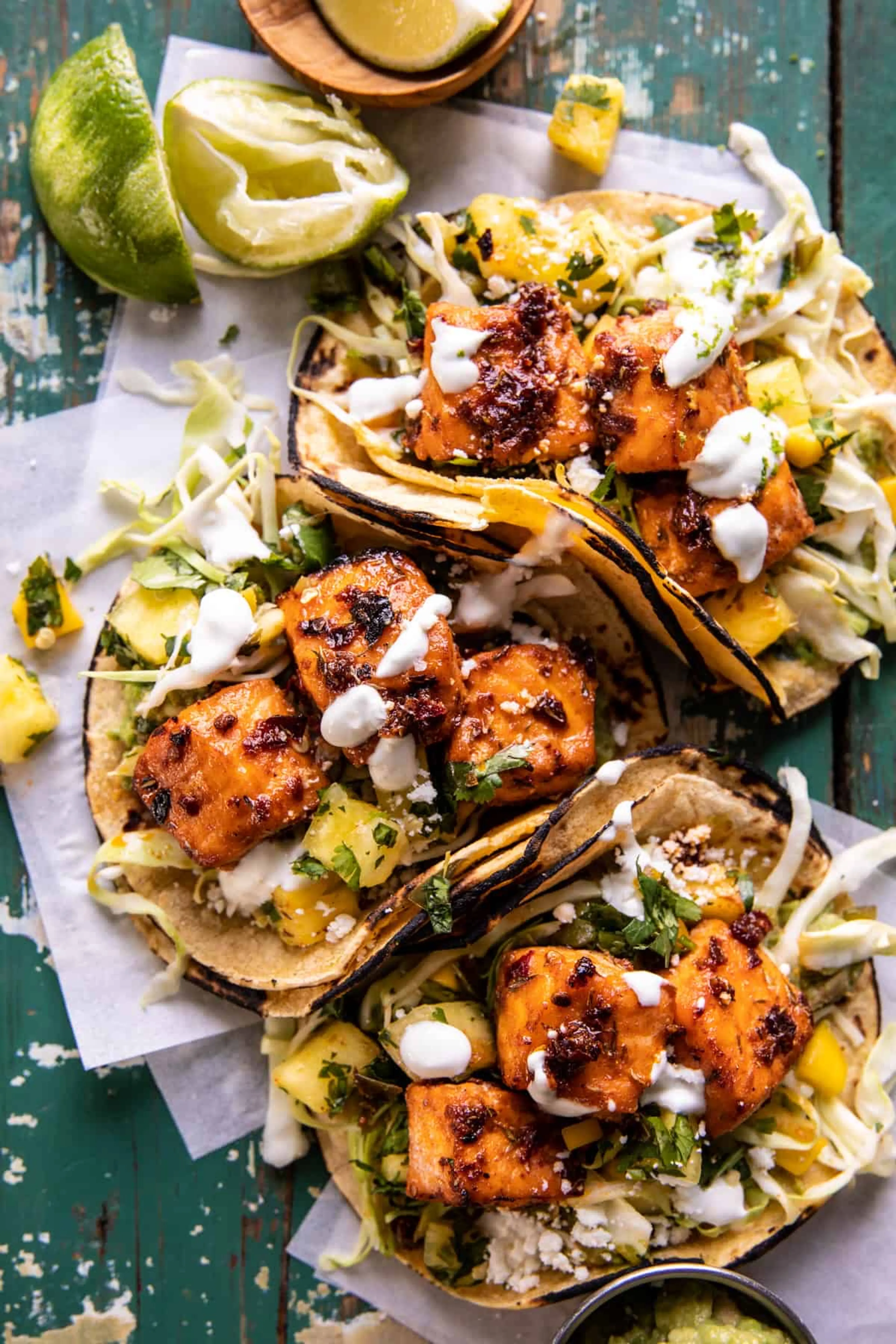 Sheet Pan Chipotle Salmon Tacos with Pineapple Jalapeño Sals