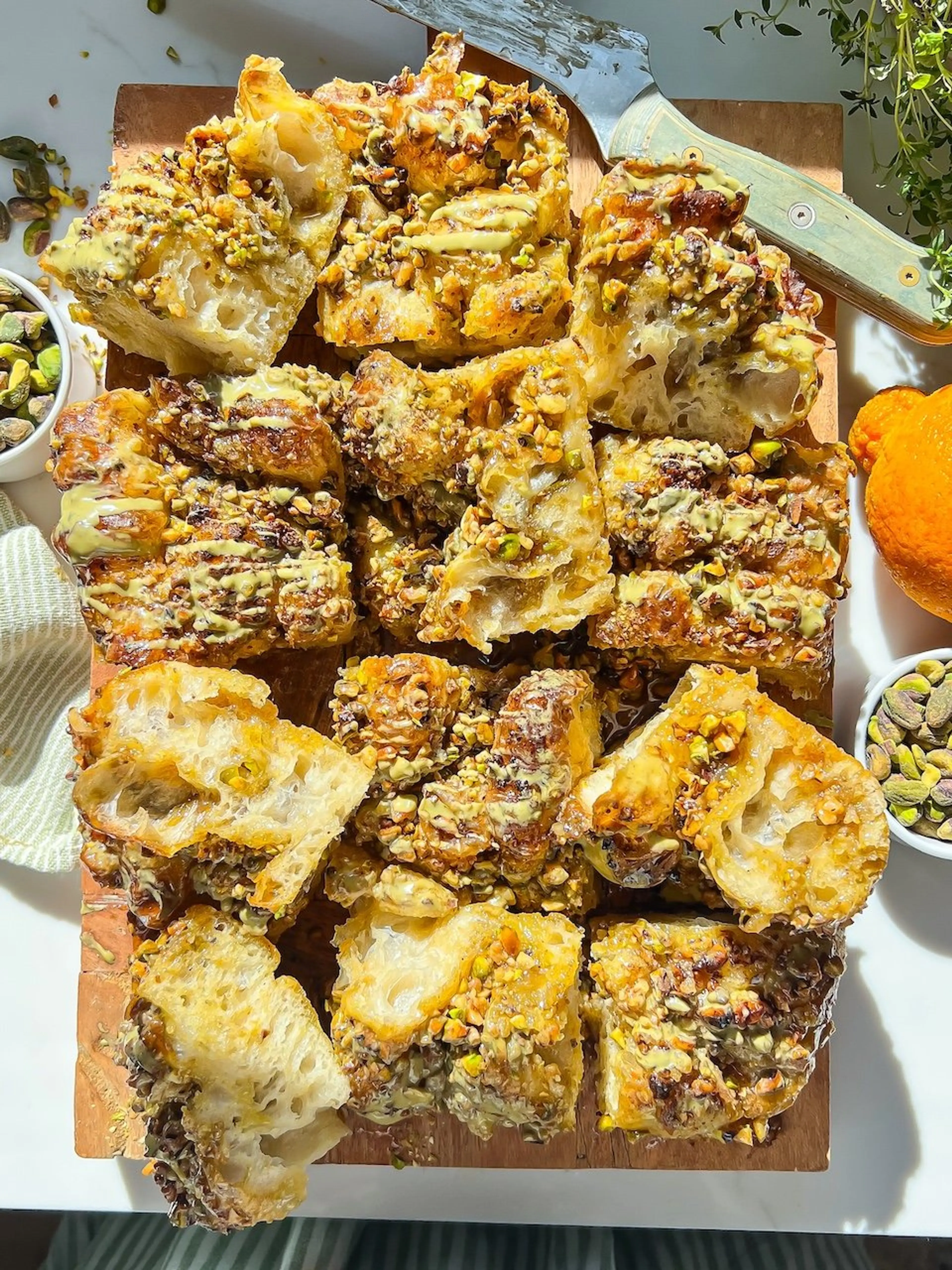 Pistachio Baklava Focaccia with Citrus Simple Syrup