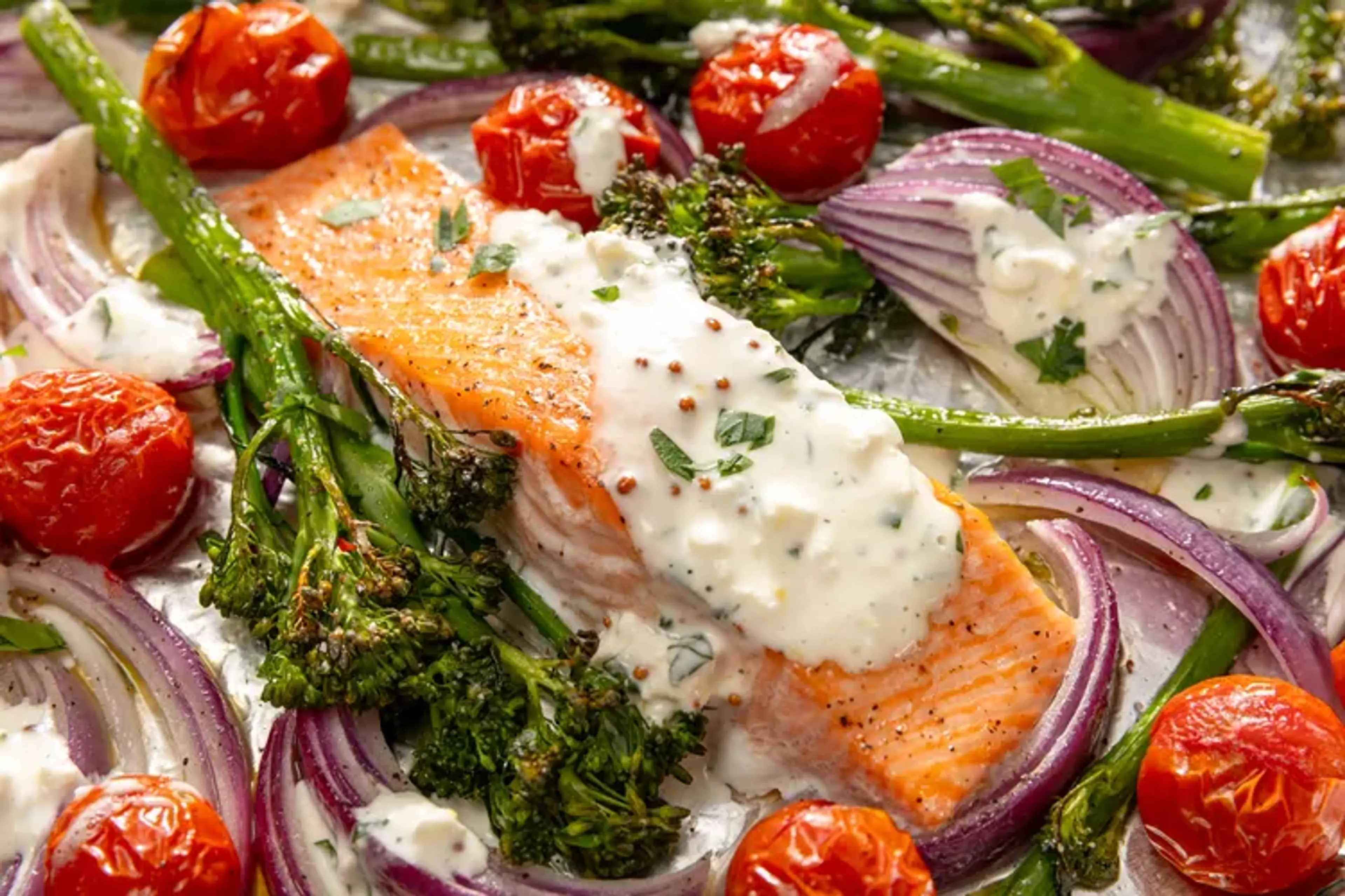 Sheet Pan Salmon With Feta Sauce
