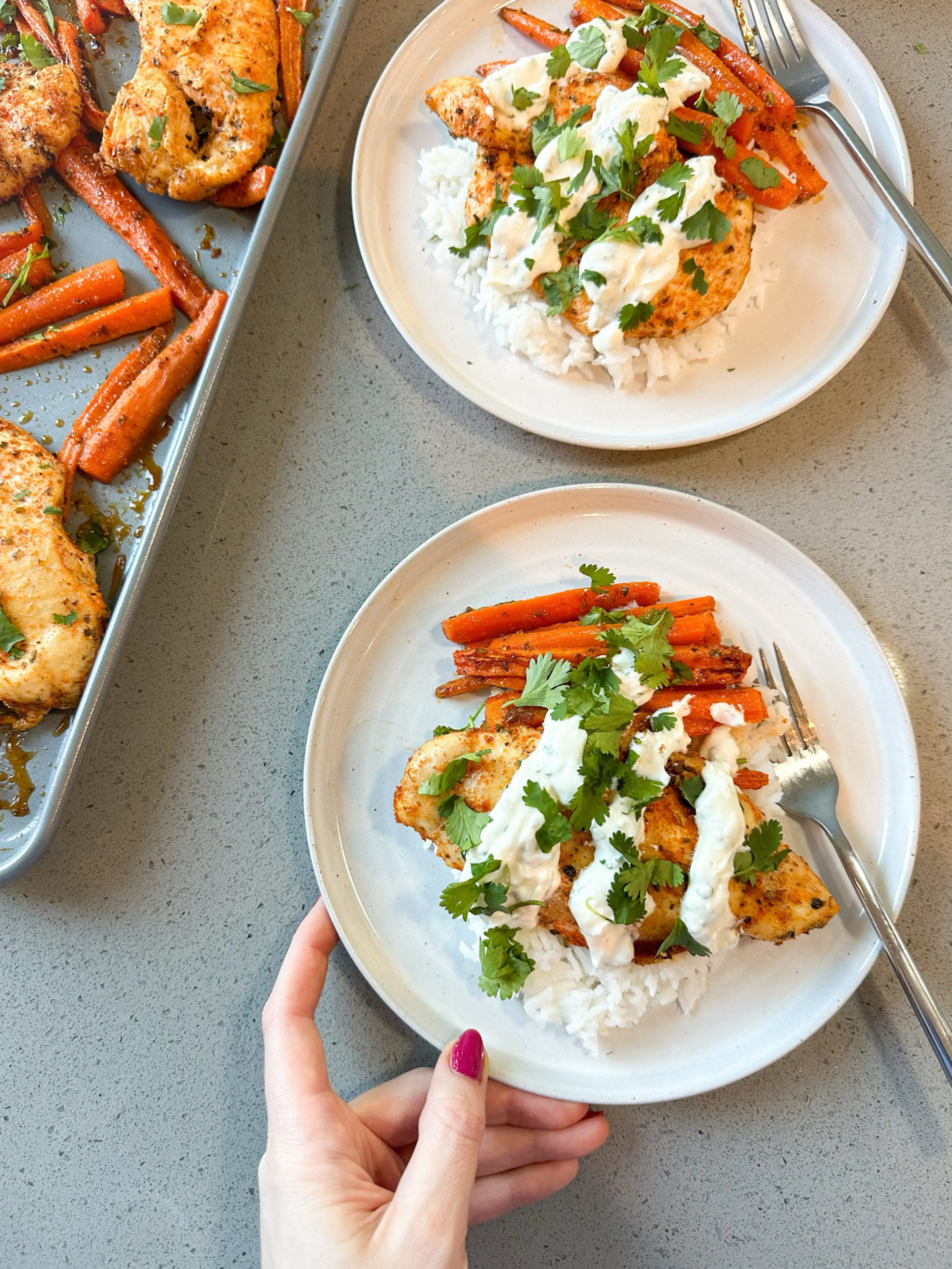Sheet Pan Spiced Chicken and carrots with Lemon Yogurt Sauce
