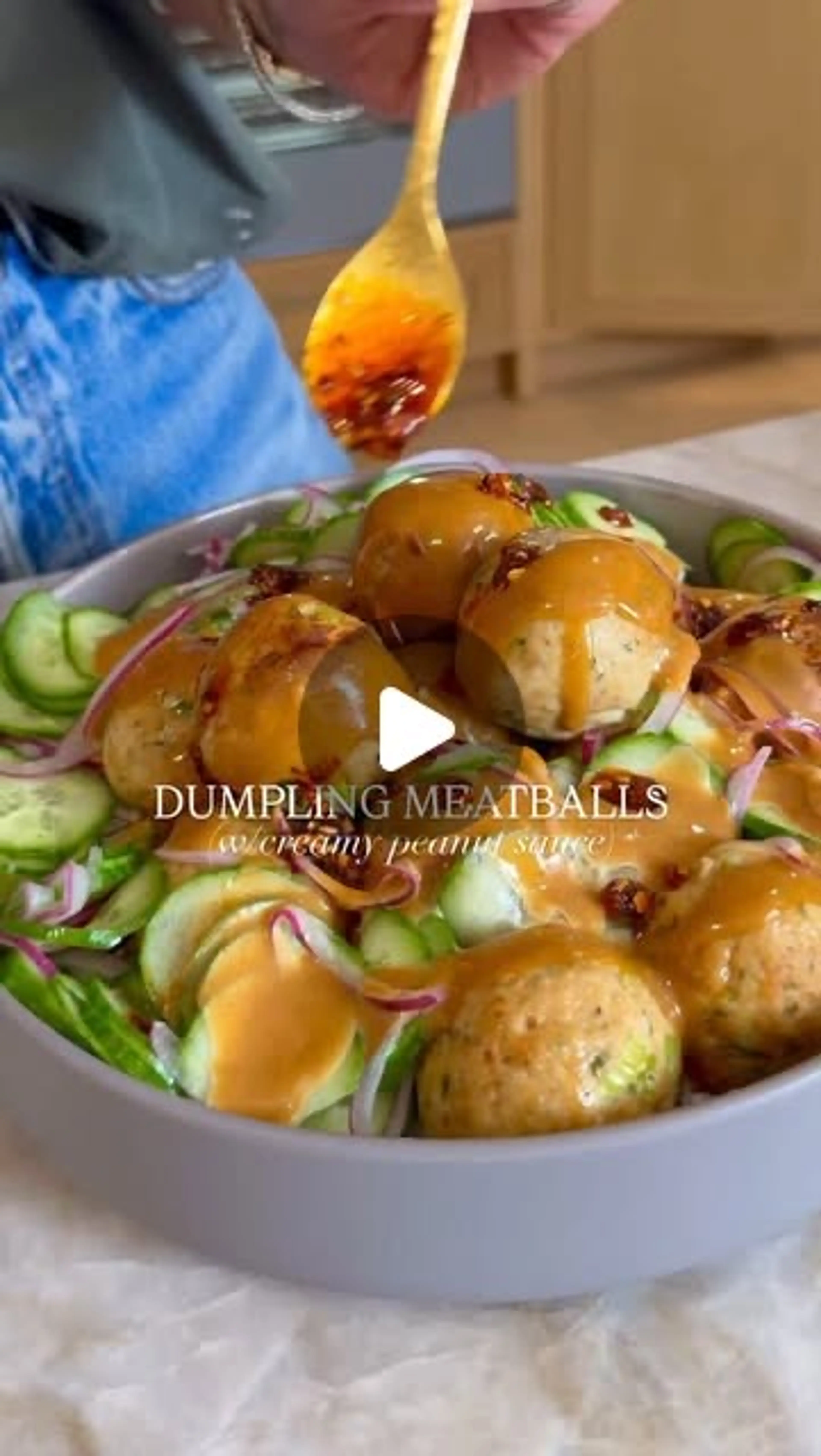 Dumpling Meatballs With Peanut Sauce & Quick Pickled Cucumbe