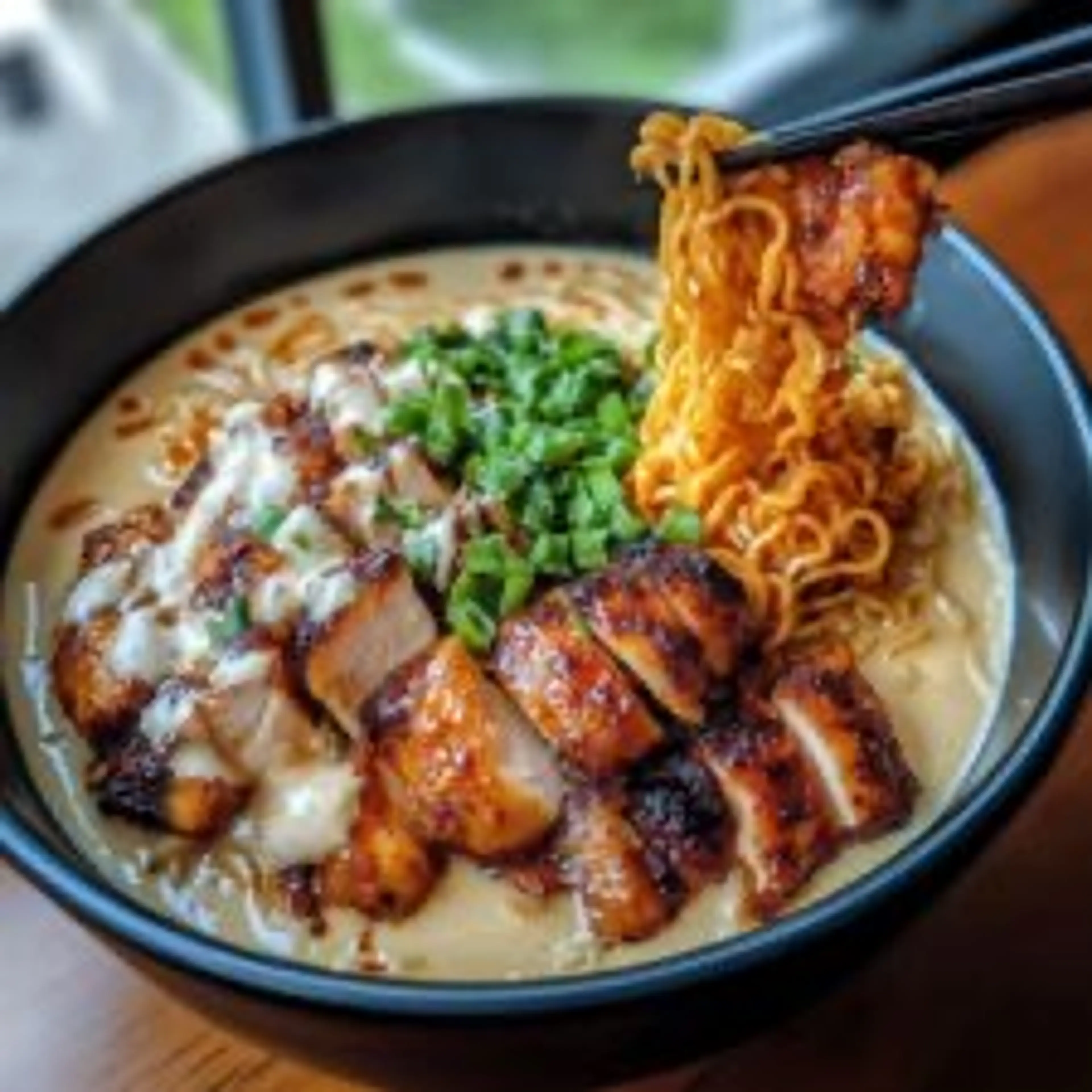 Fiery Chicken Ramen with Creamy Garlic Sauce