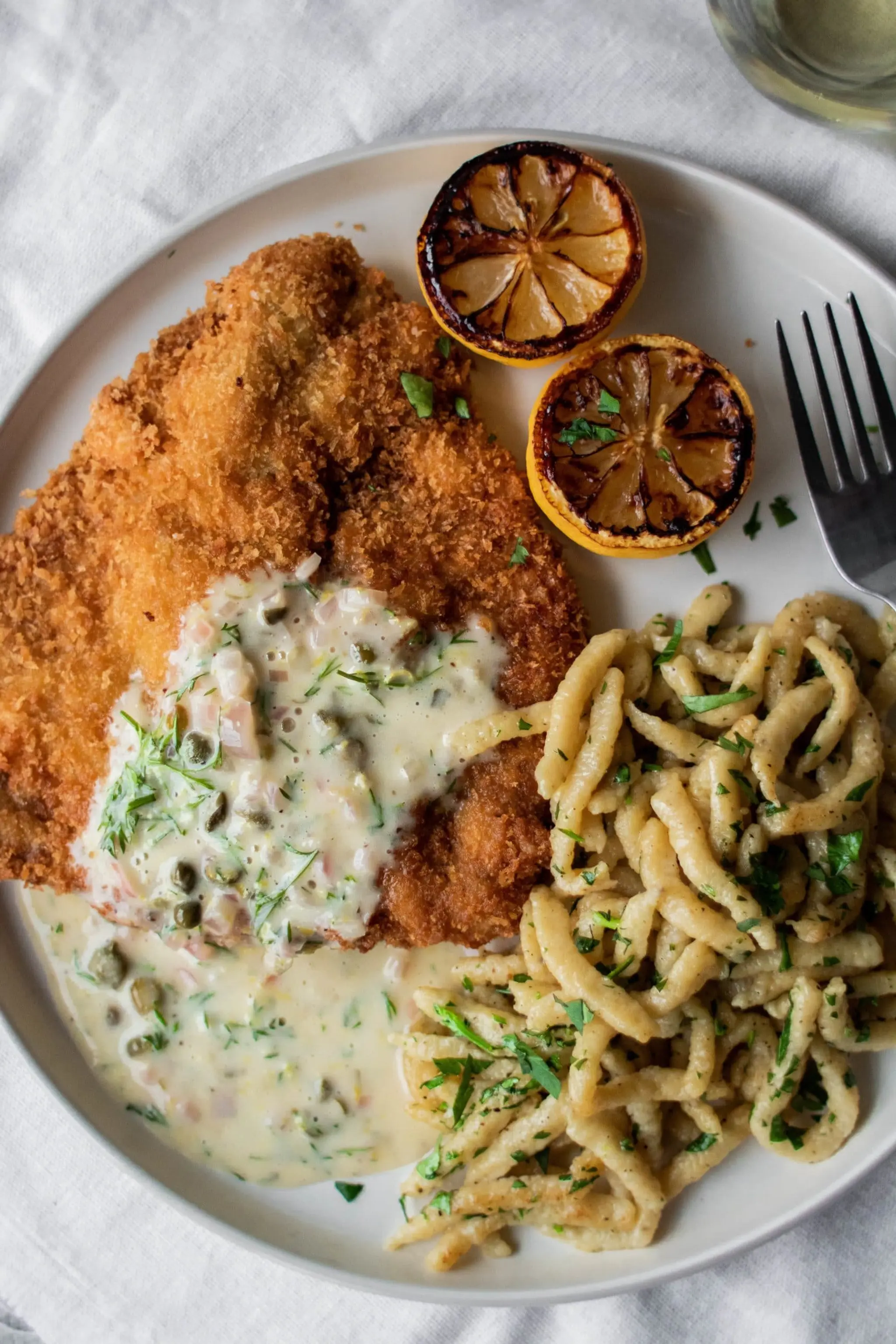 Pork Schnitzel with Spaetzle and White Wine Mustard Sauce