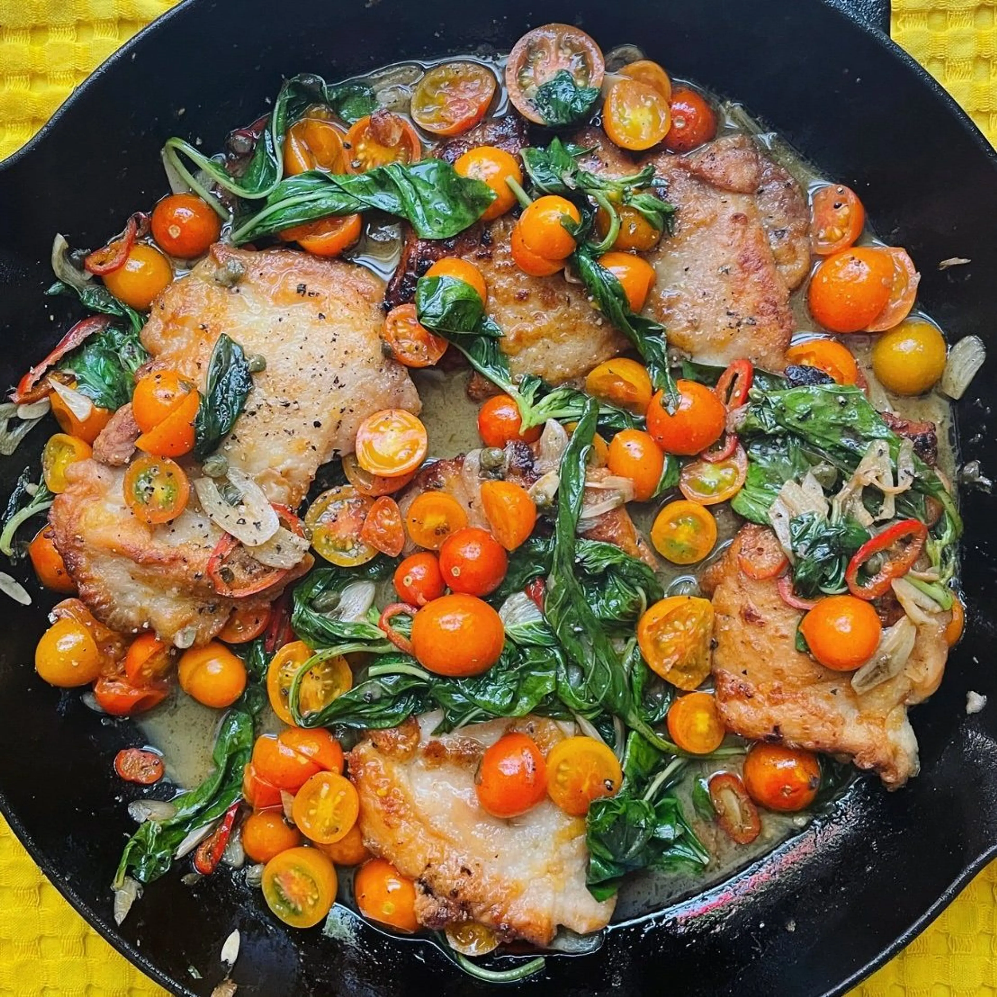 Chicken Piccata with Sungolds, Chilies and Wilted Basil