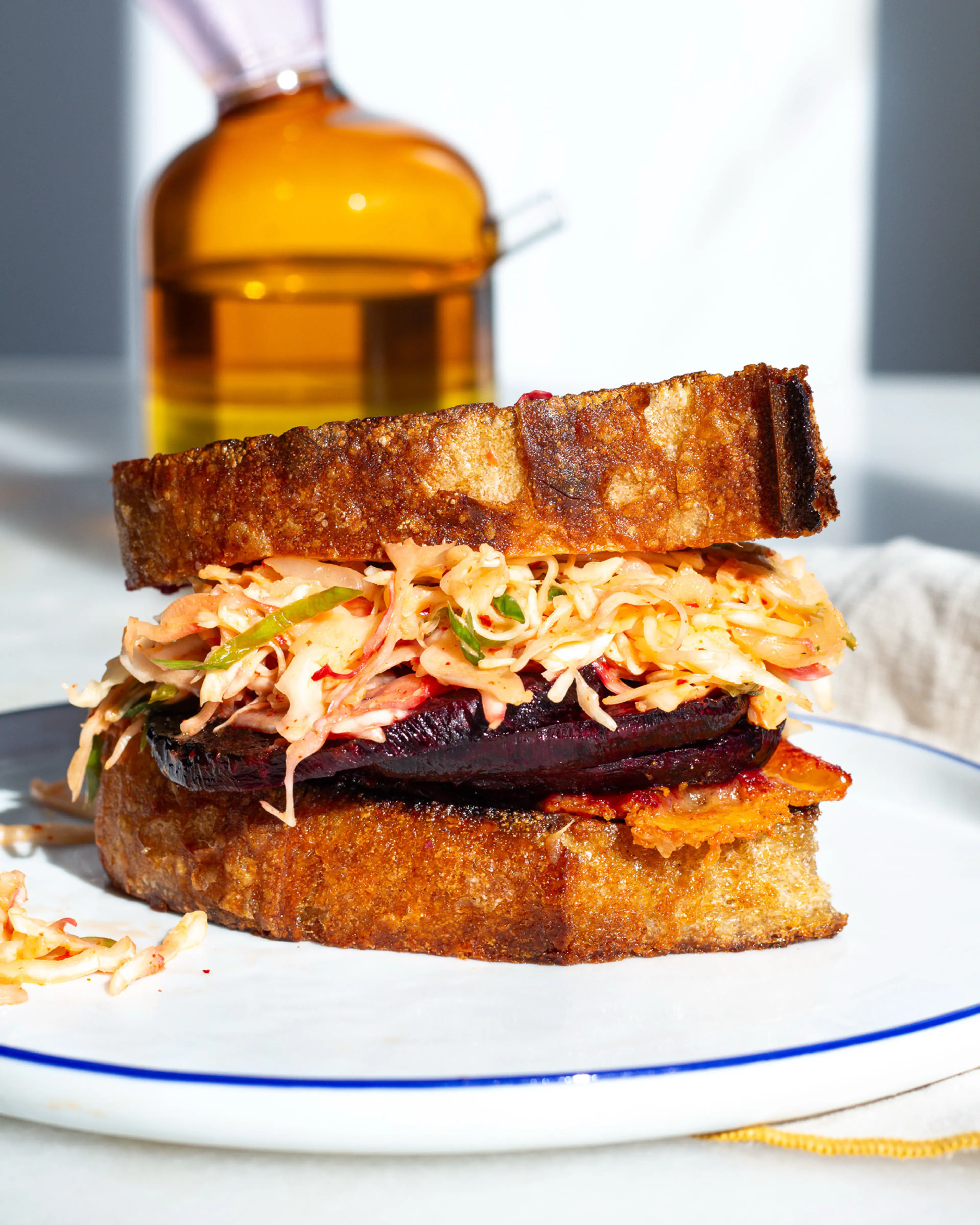 Seared Beet Sandwich with Kimchi Slaw & Cheddar