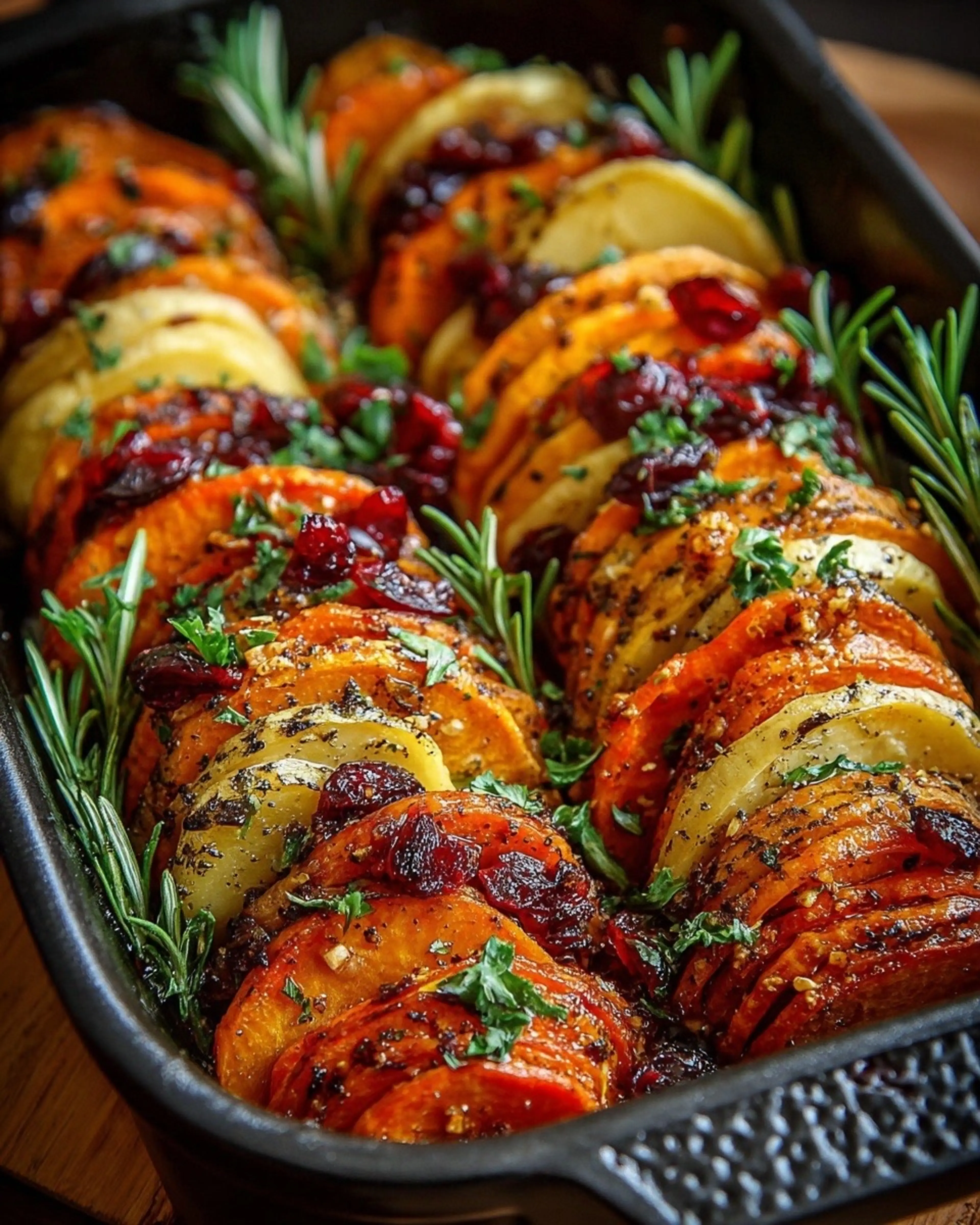 Layered Sweet Potato, Squash & Carrot Bake with Cranberry-ho
