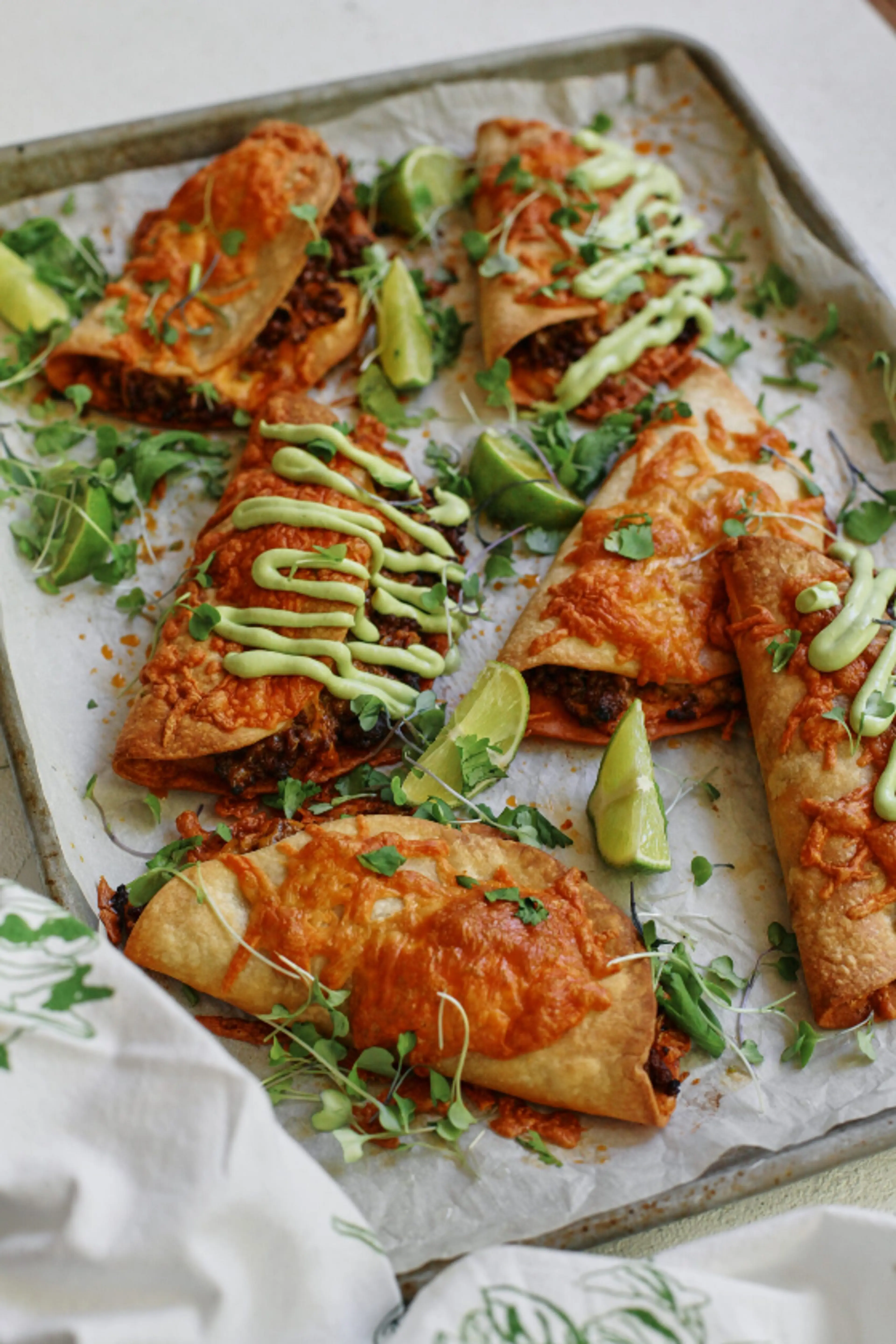 Sheet Pan Beef Tacos with Avocado Lime Crema
