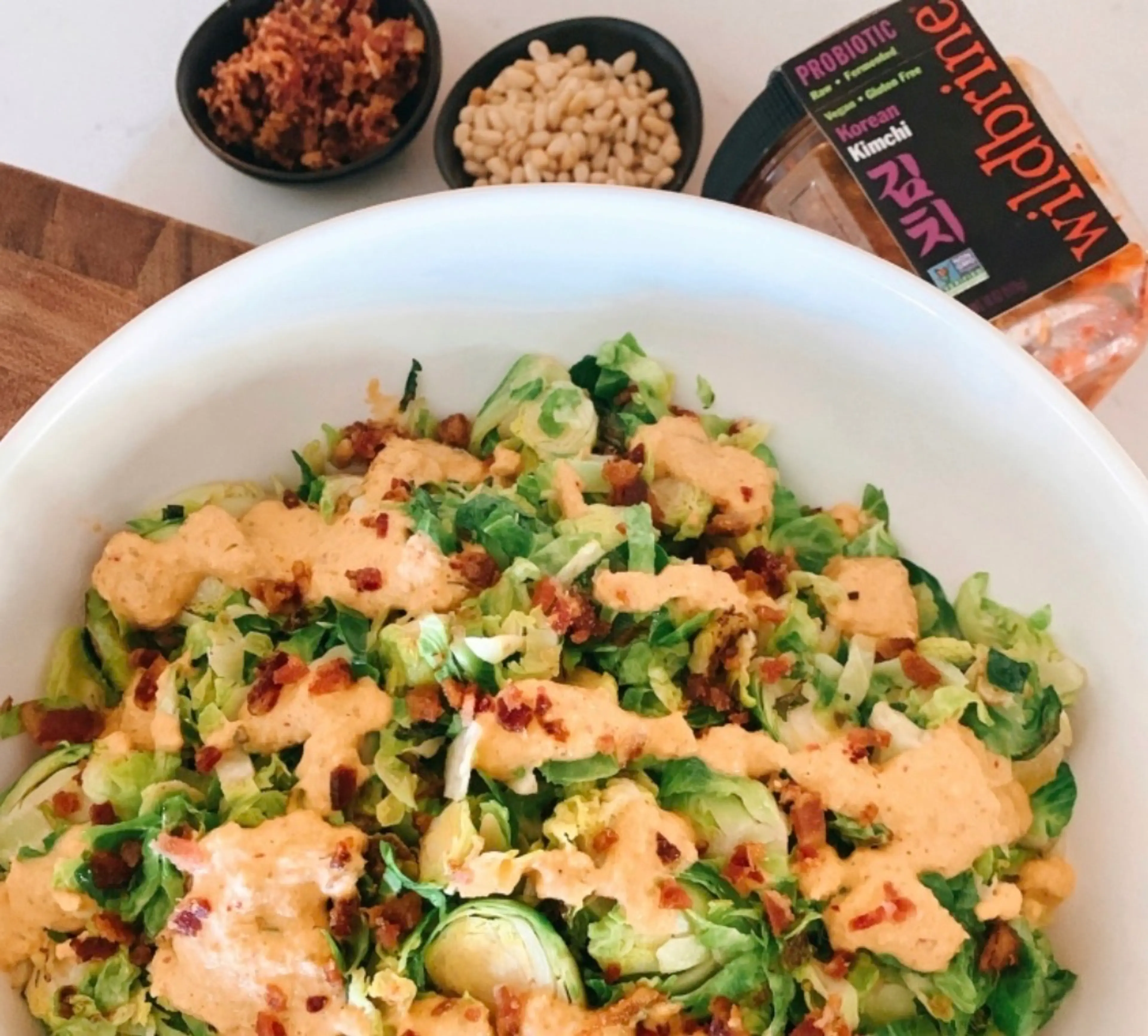 BRUSSELS SPROUTS SALAD WITH KIMCHI SALAD DRESSING
