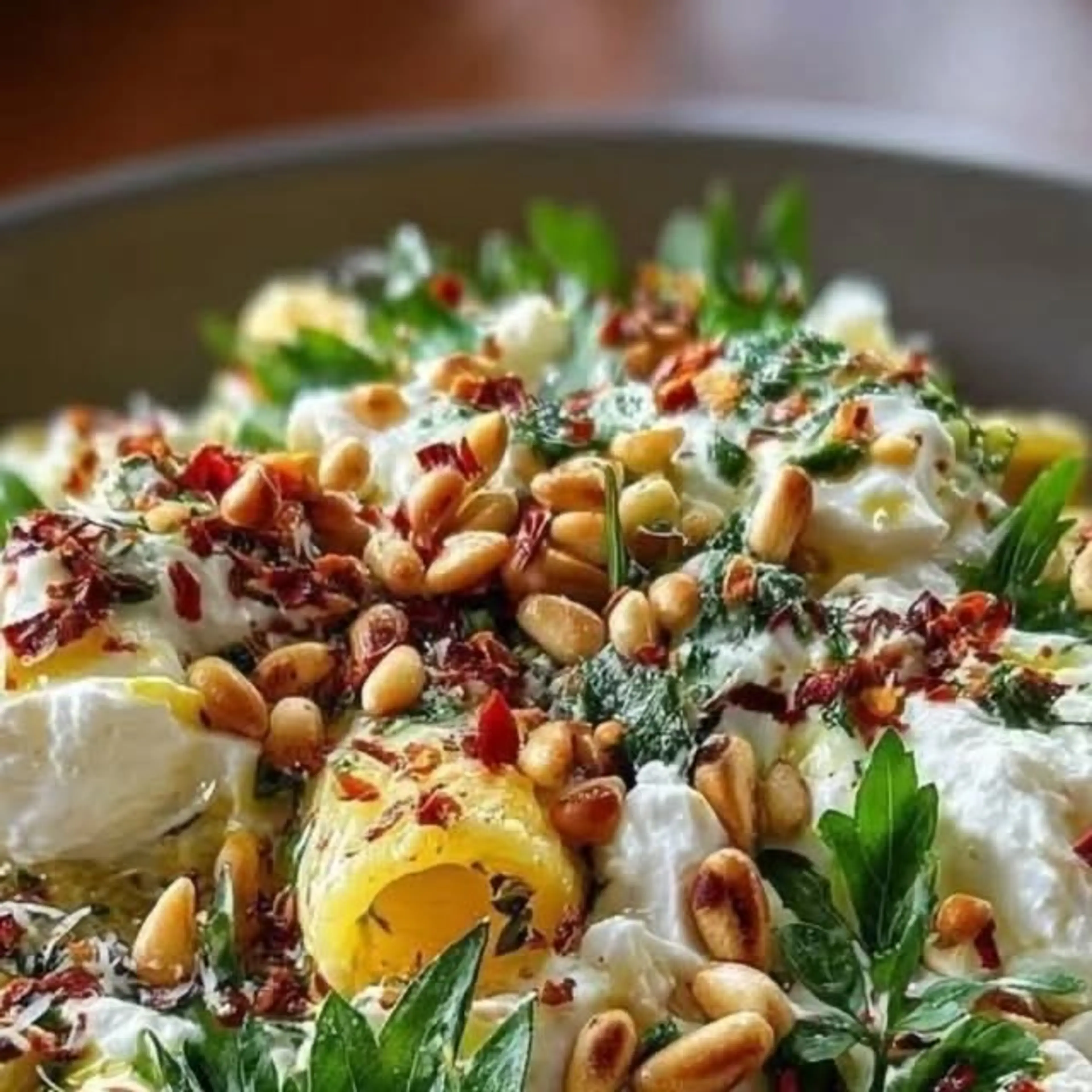 Lemon Basil Rigatoni with Burrata and Roasted Pine Nuts