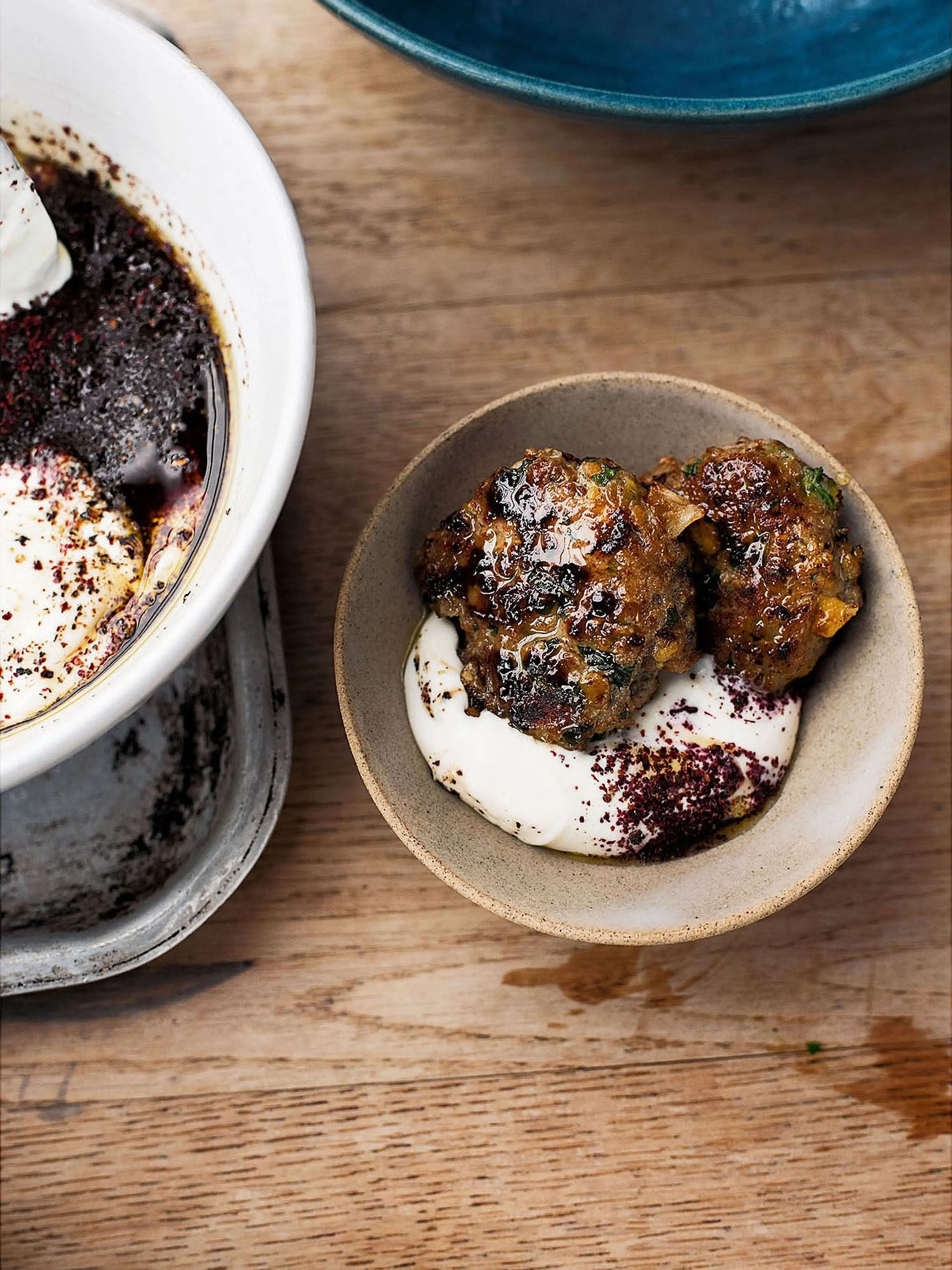 Lamb and pistachio patties with sumac yoghurt sauce