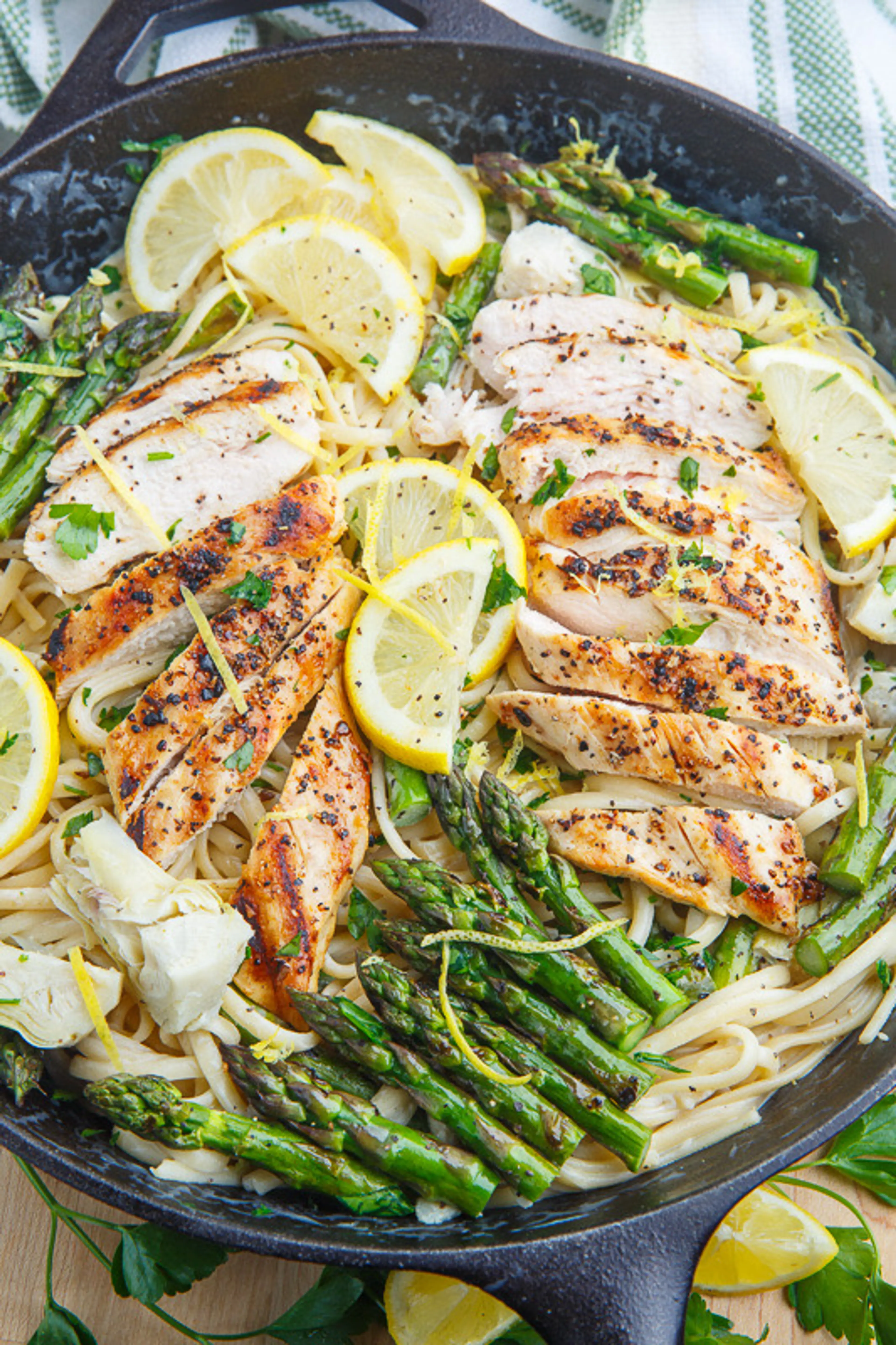 Creamy Lemon Grilled Chicken, Asparagus and Artichoke Pasta