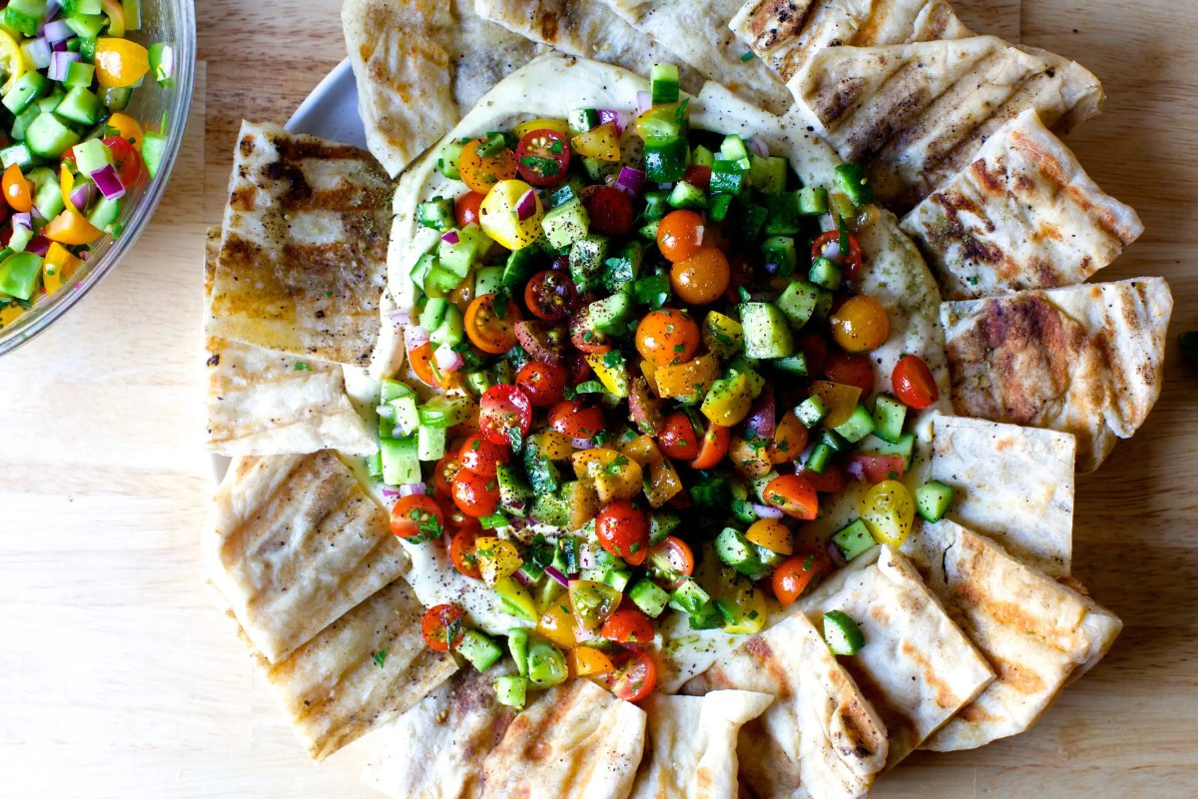 Hummus Heaped with Tomatoes and Cucumbers