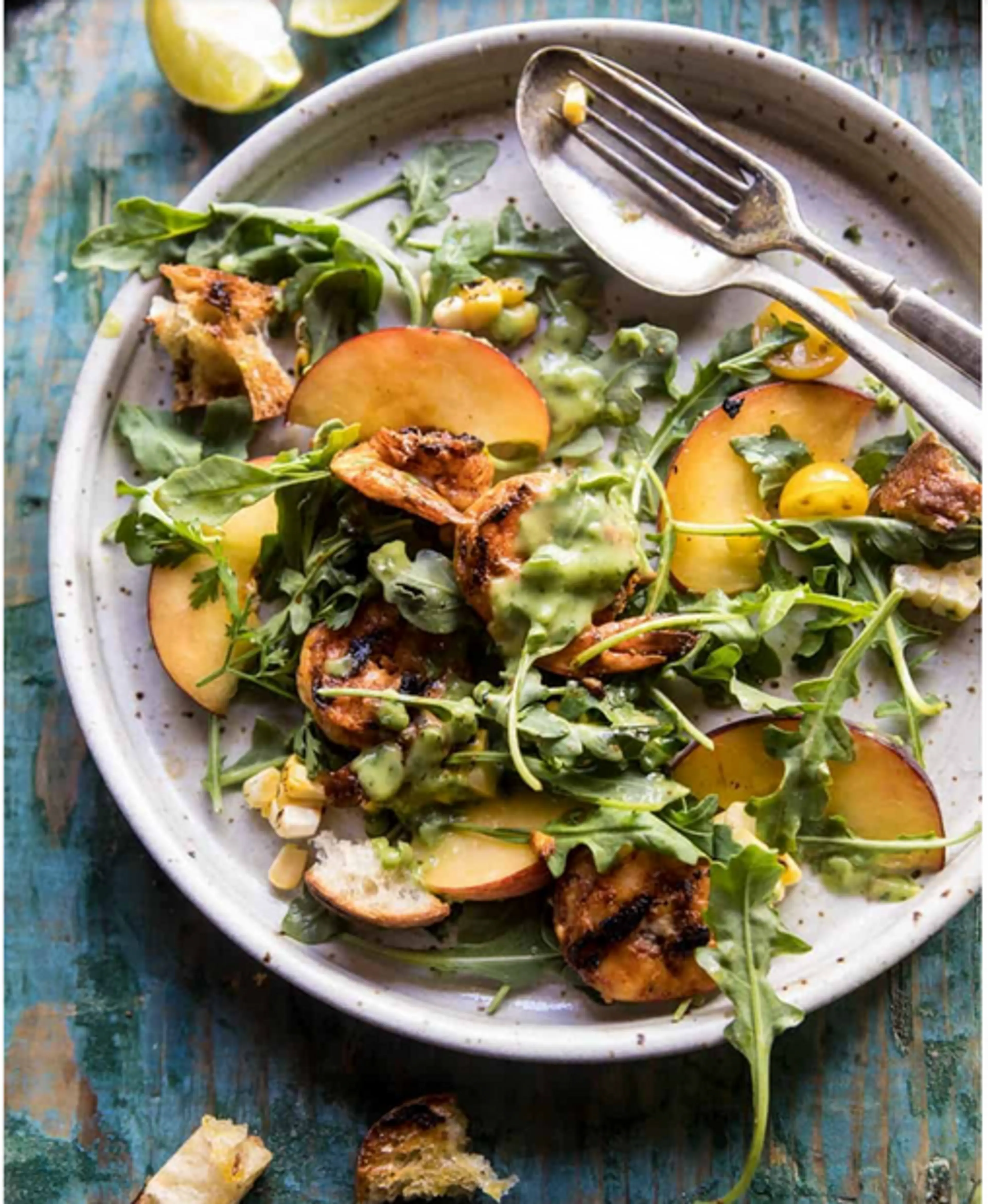 Grilled Shrimp, Bread, and Sweet Peach Salad