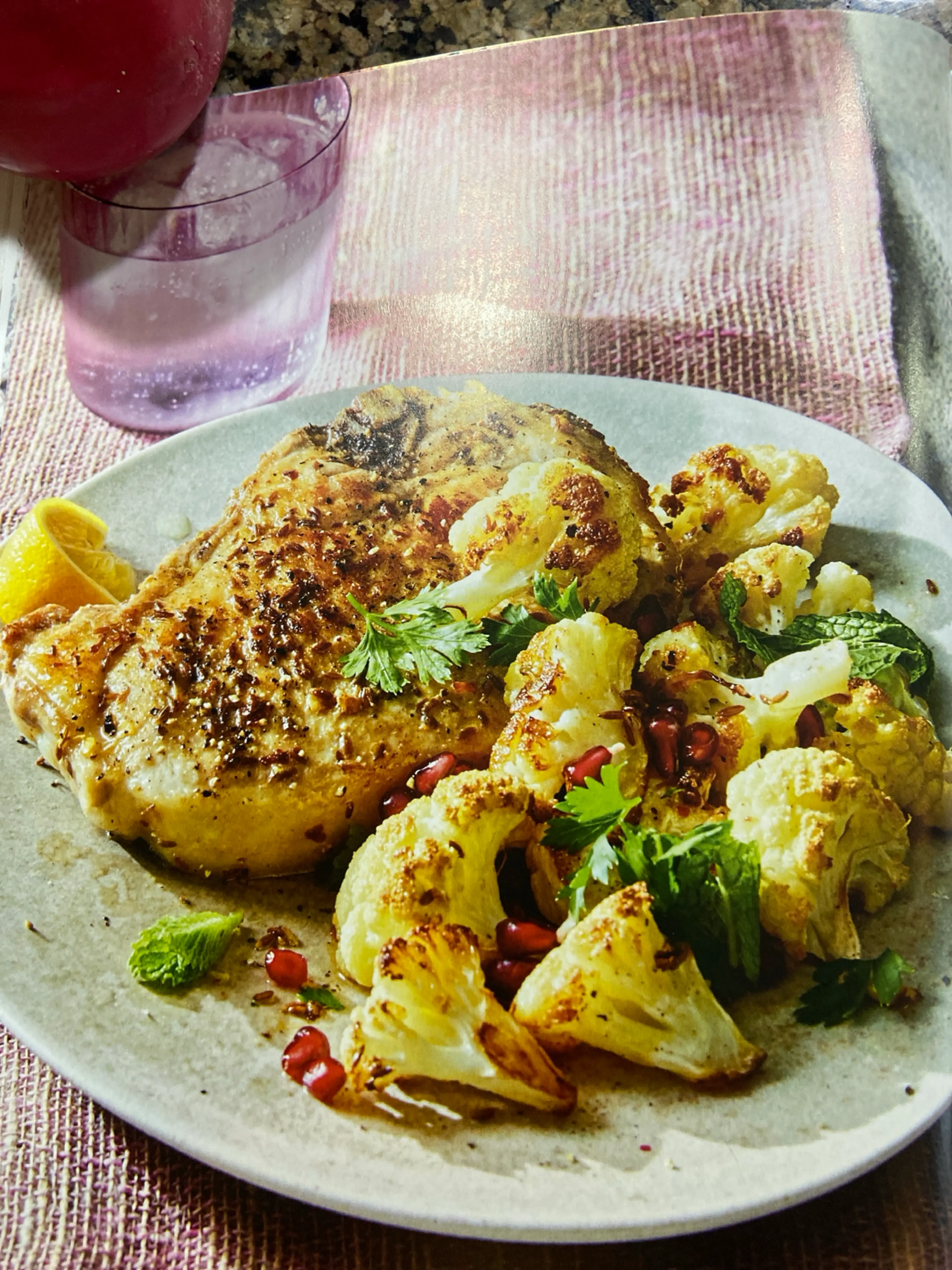 Garlicky Pork Chops with Cauliflower and Pomegranate
