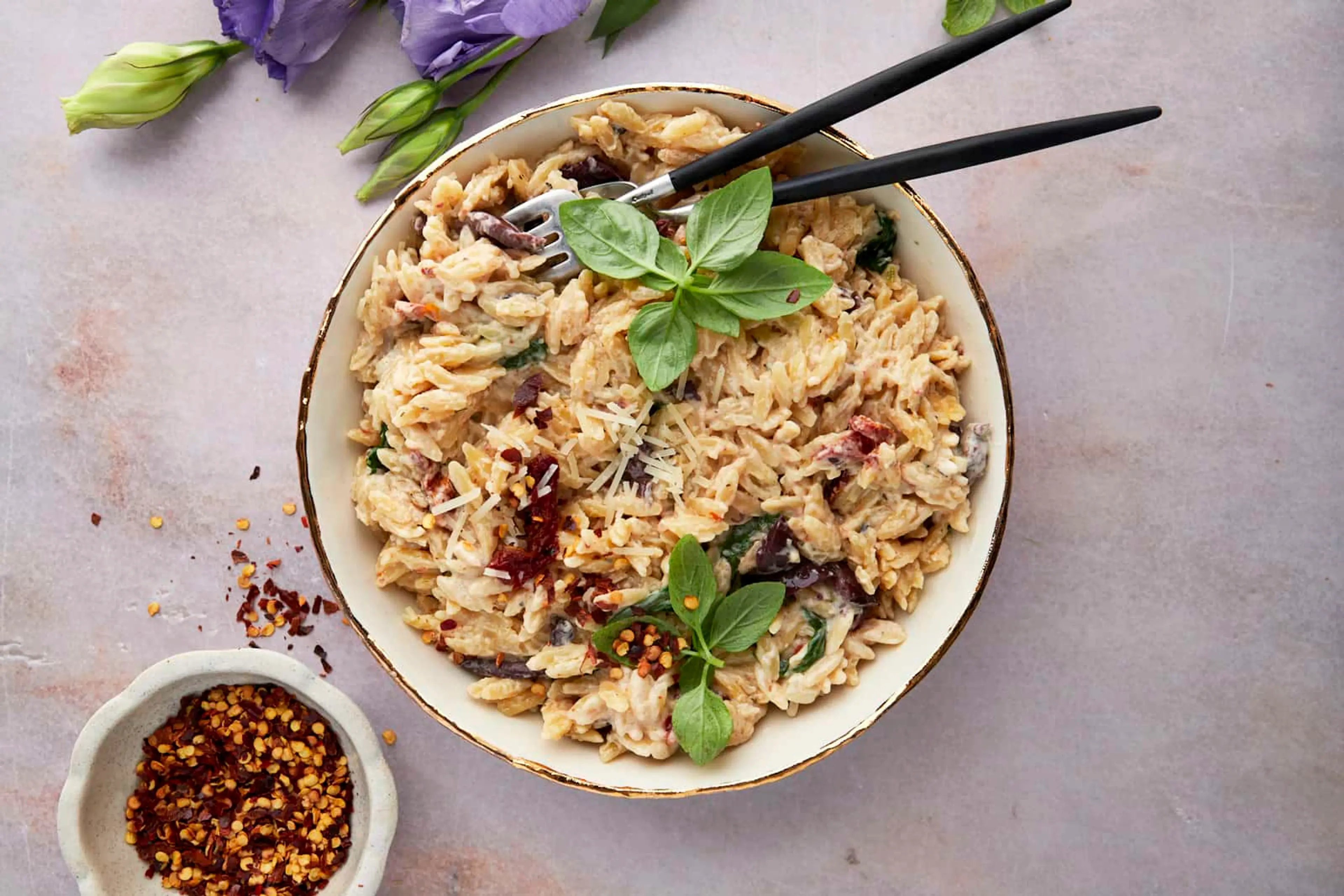 Spinach and Sun-Dried Tomato Boursin Orzo Bake