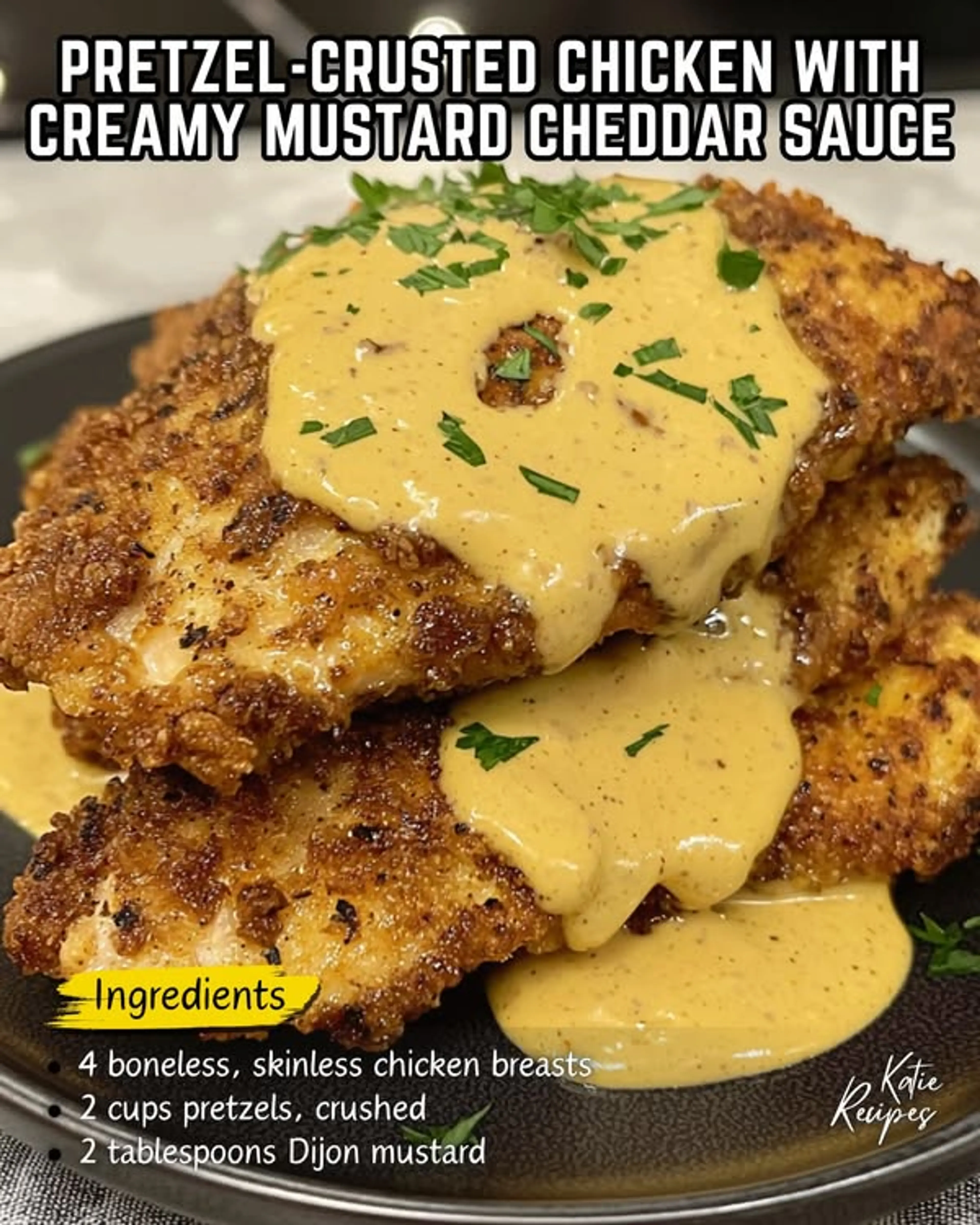 Pretzel-crusted Chicken with Creamy Mustard Cheddar Sauce