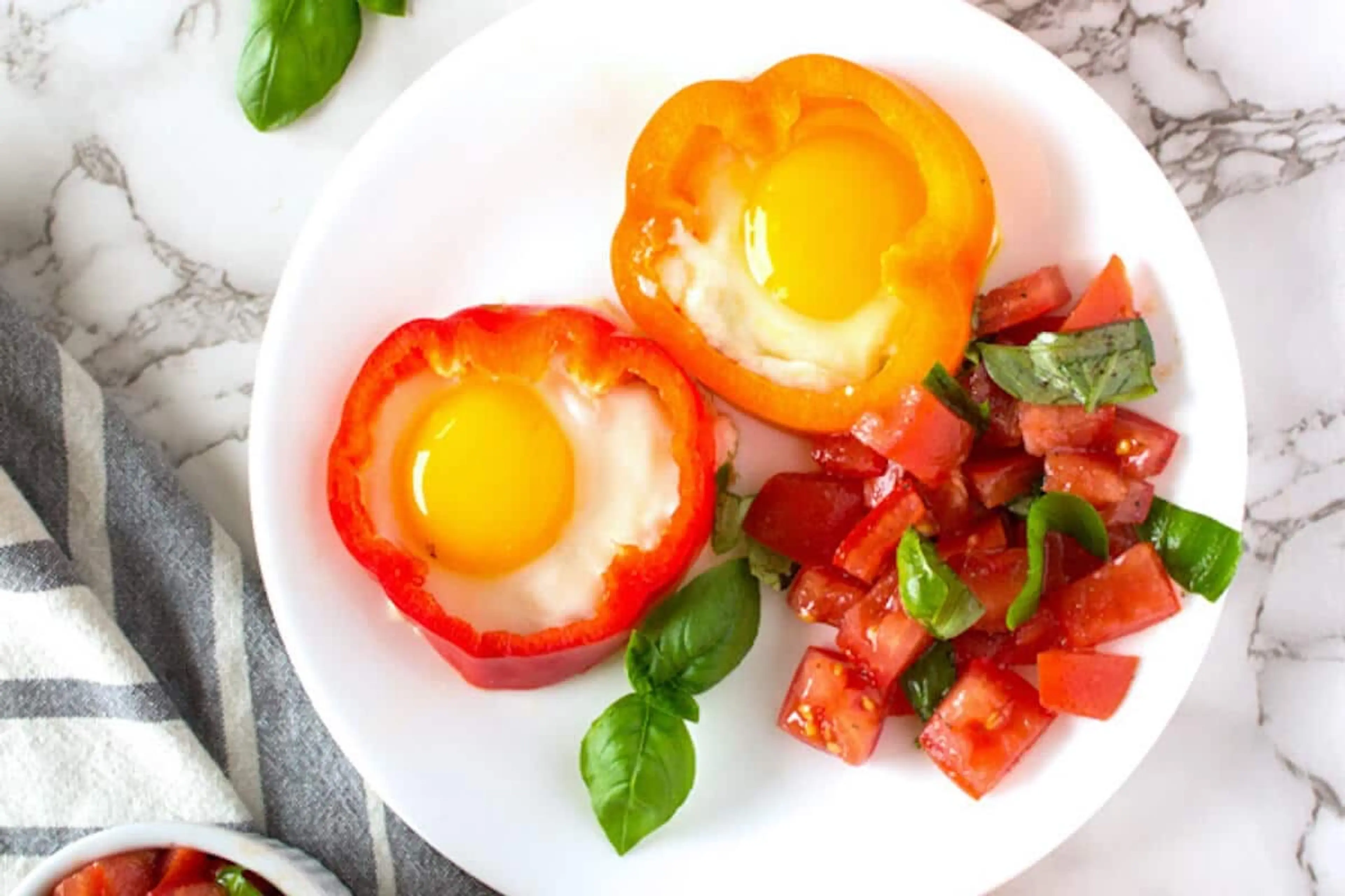 Eggs in Bell Pepper Rings w/ Tomato Basil Salad