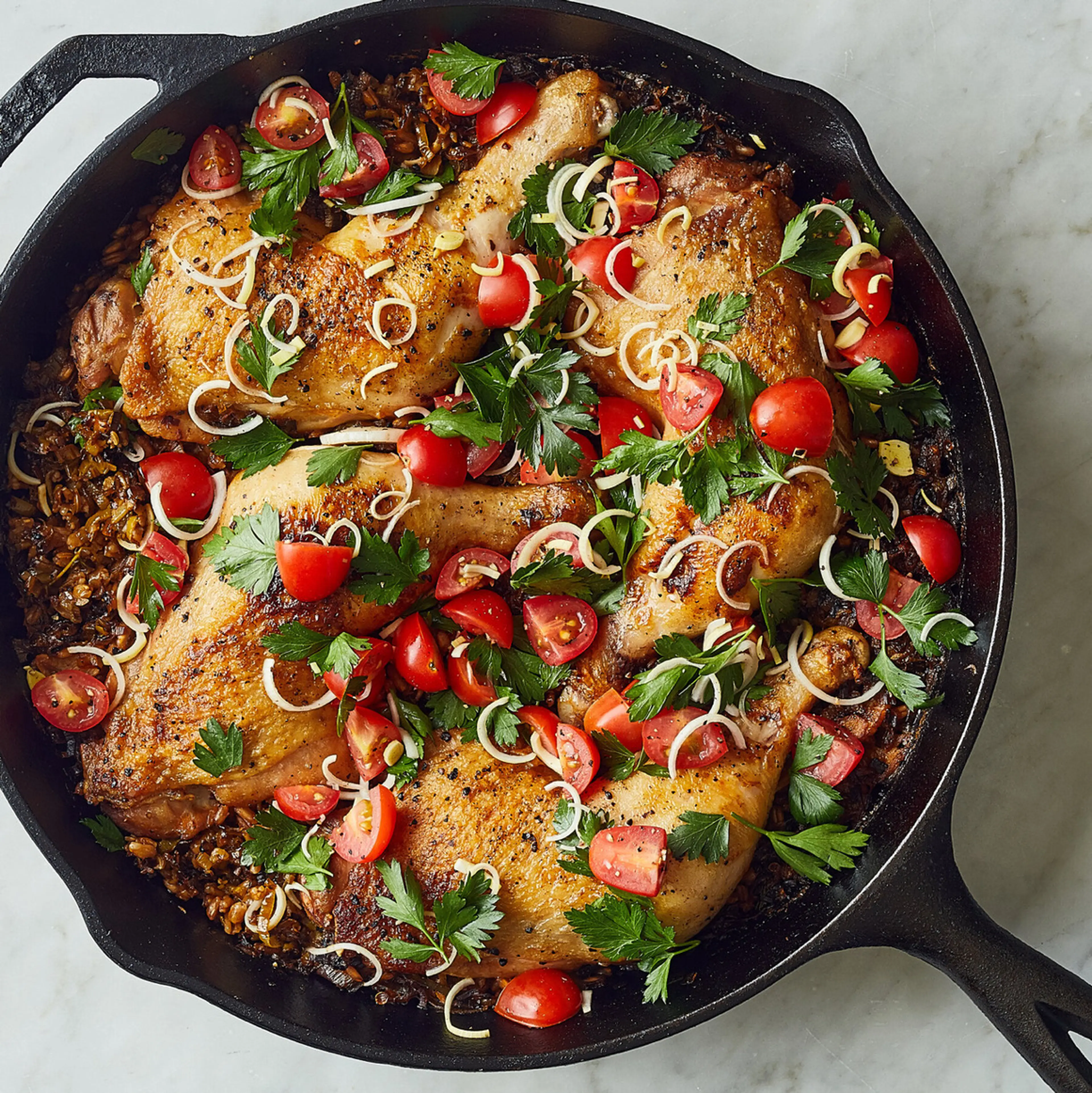 Skillet Chicken and Farro With Caramelized Leeks