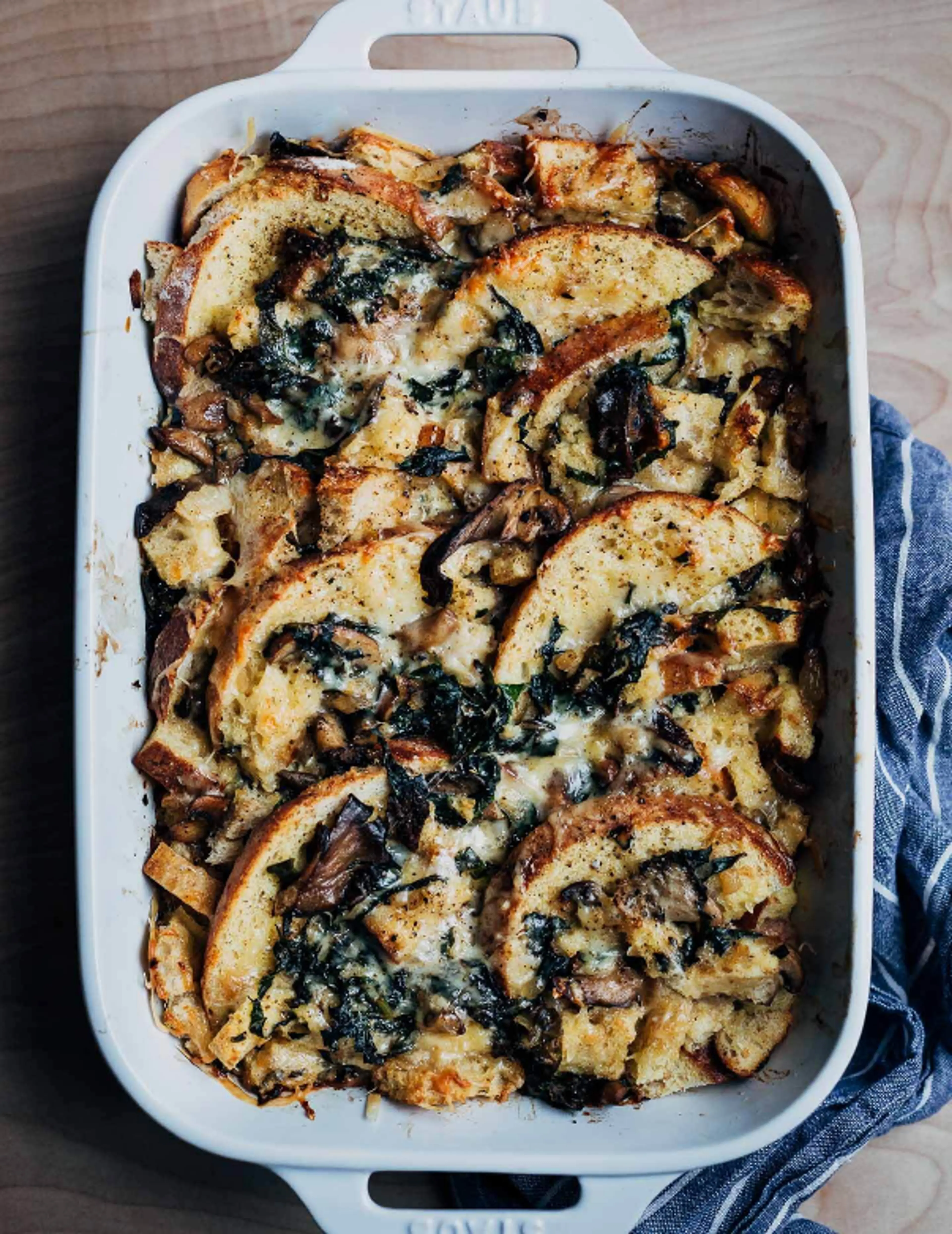 Savory Bread Pudding (Strata) with Mushrooms and Greens