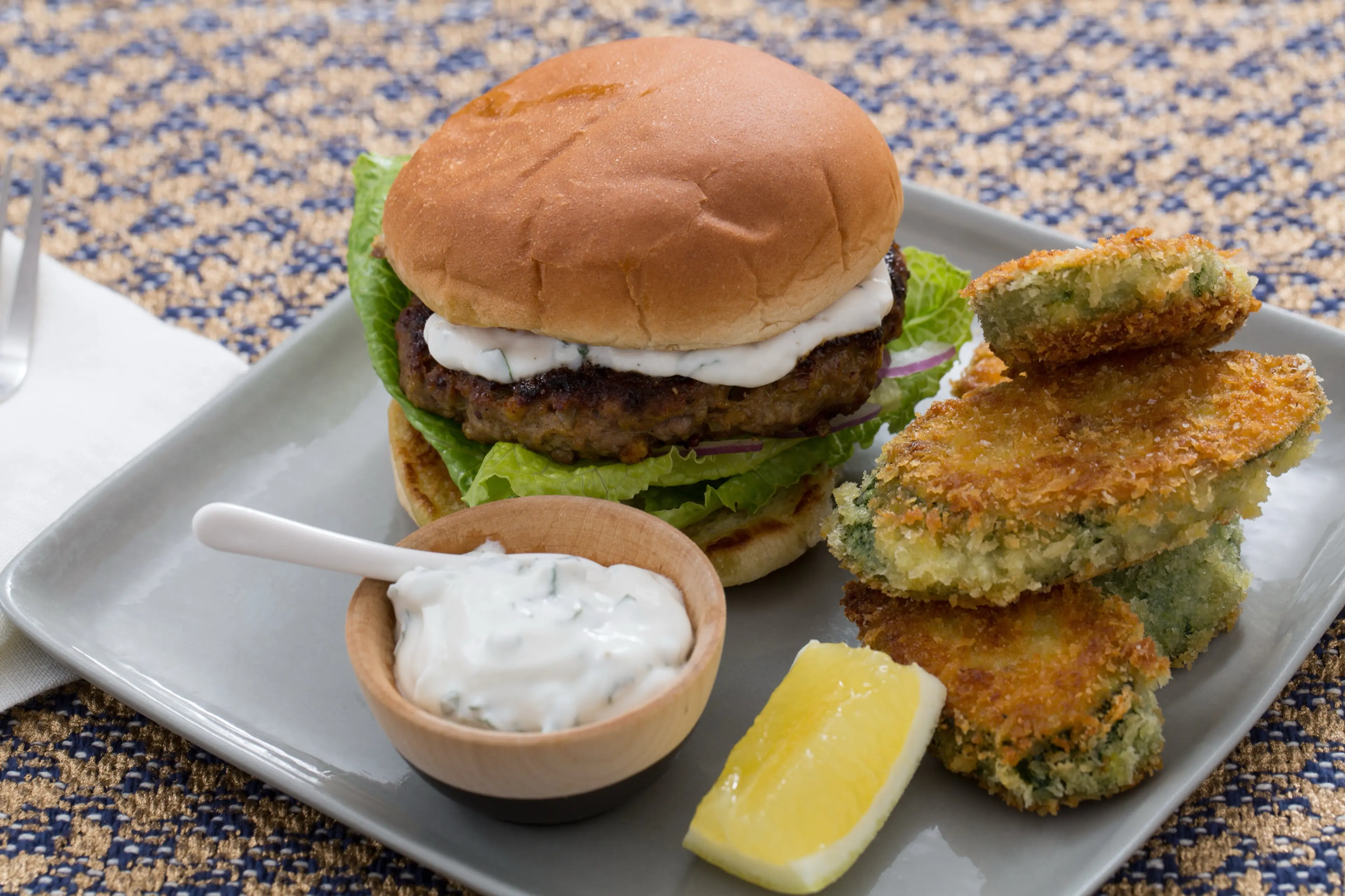 Vadouvan-Spiced Lamb Burgers with Crispy Curried Zucchini Ro