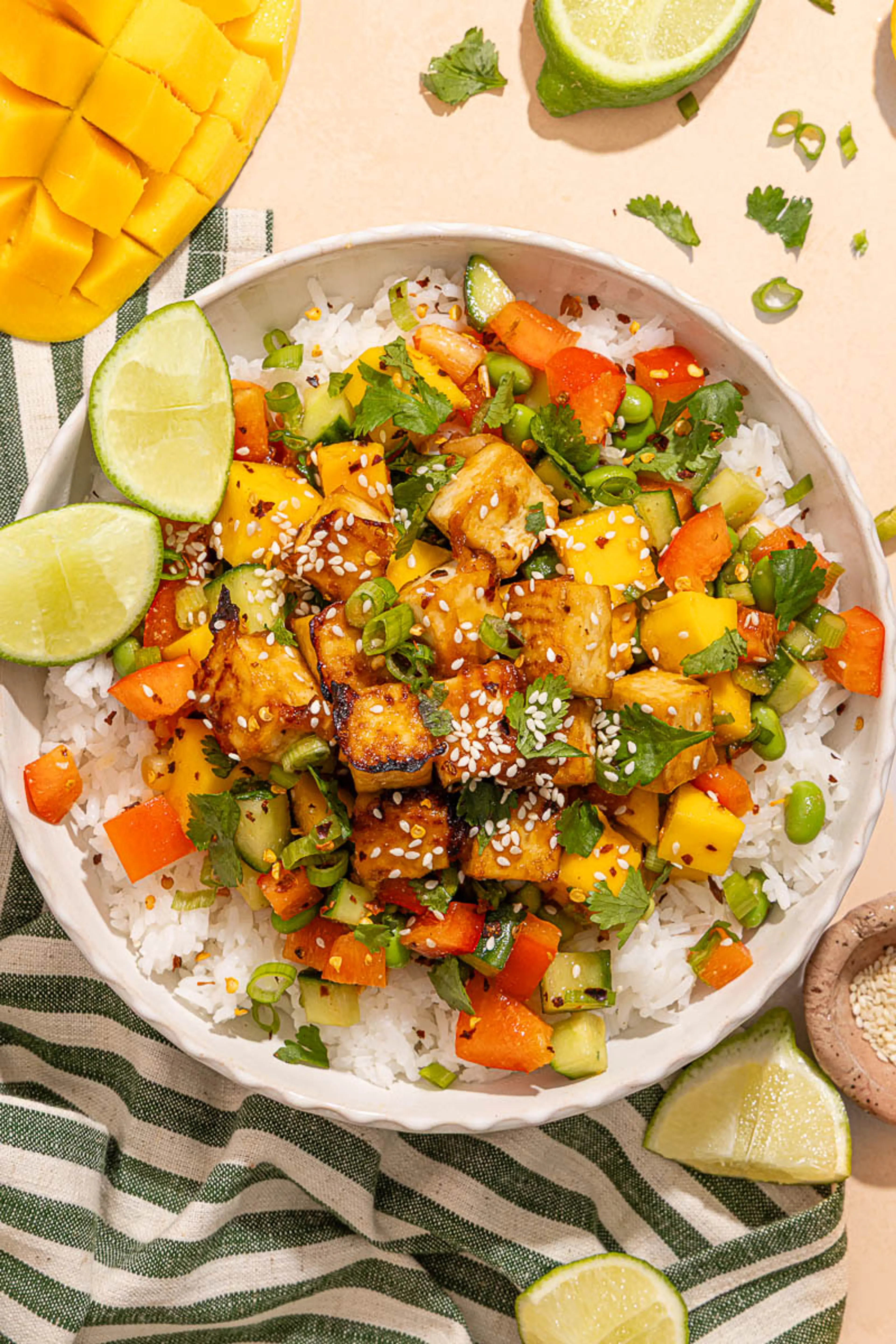 Mango Miso Edamame Salad with Crispy Tofu