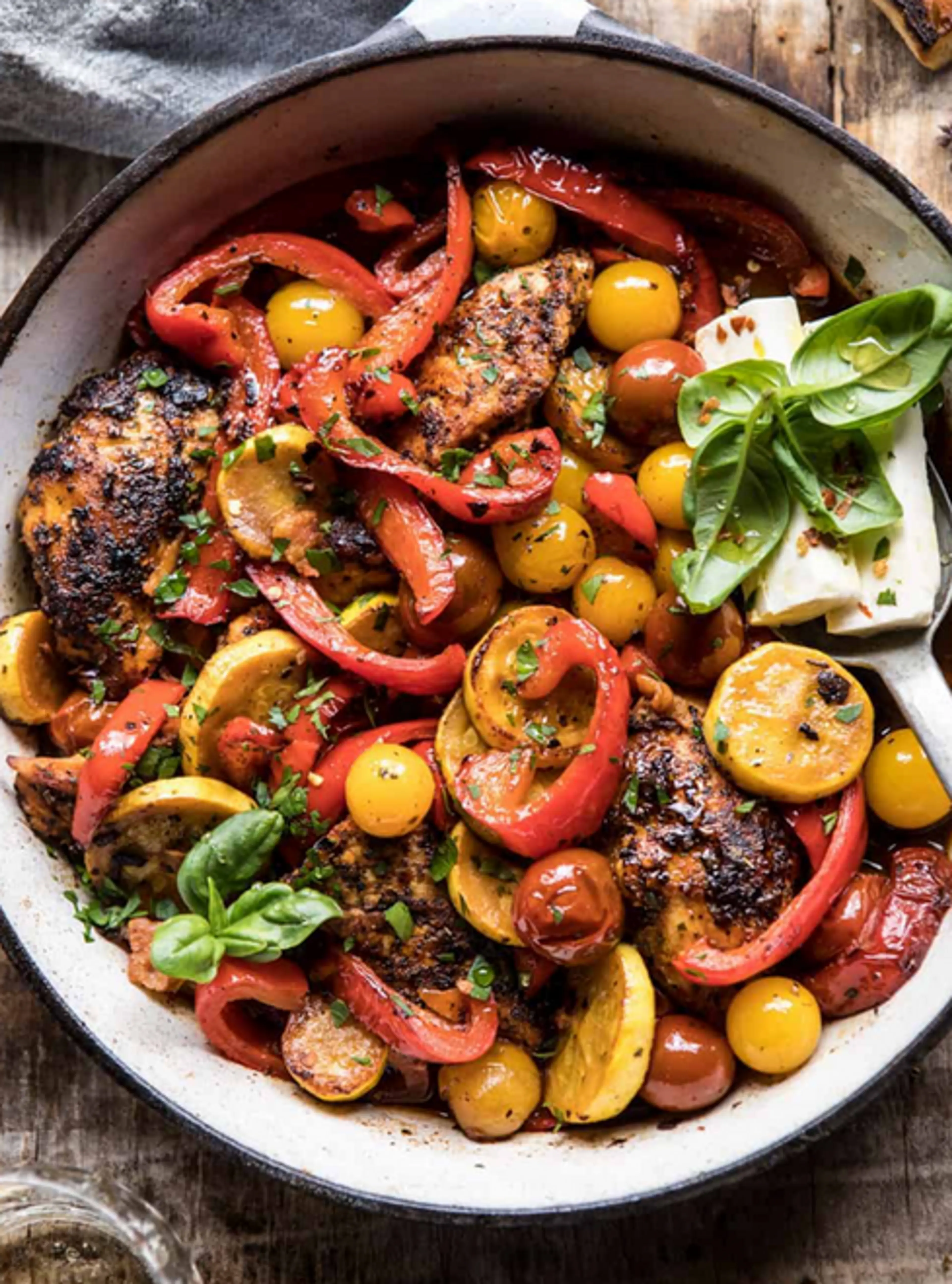 Skillet Lemon Pepper Chicken and Garden Vegs w Feta + Basil