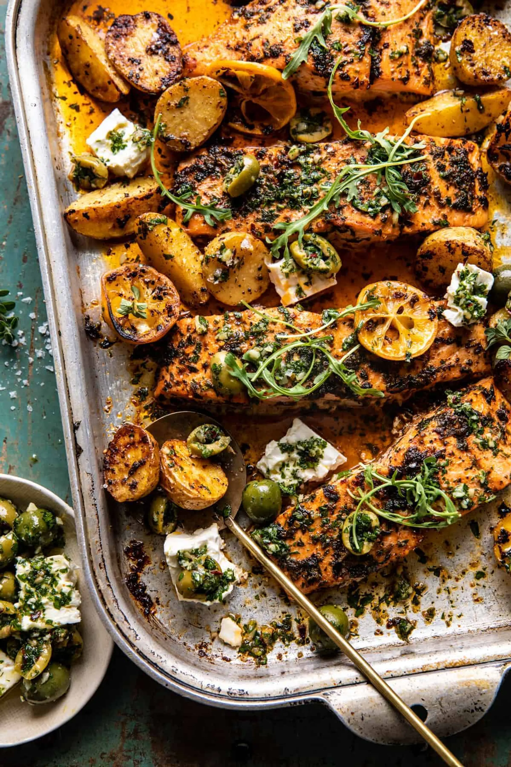 Sheet Pan Roasted Lemon Garlic Butter Salmon with Feta and O