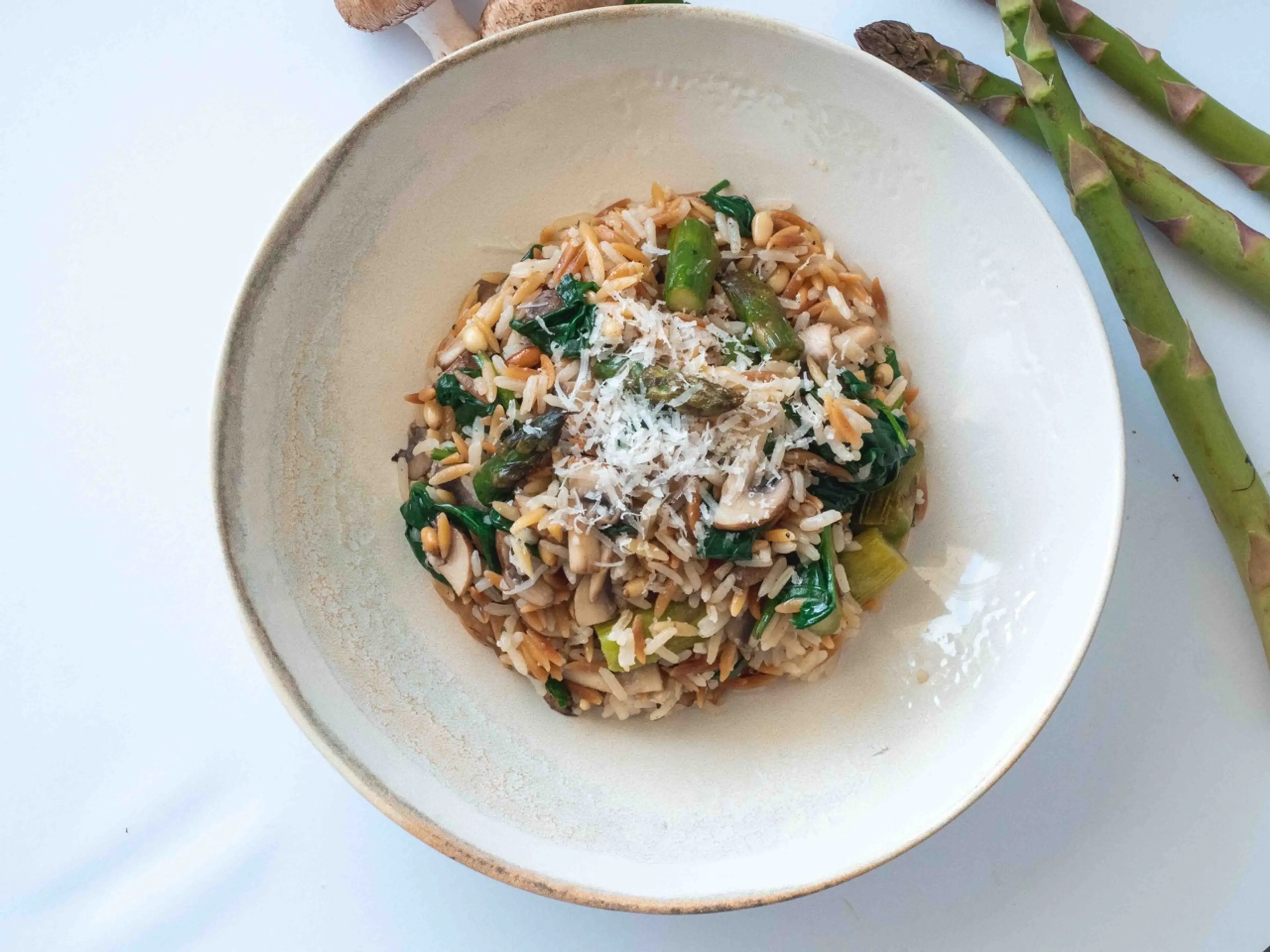 Asparagus Orzo with Spinach and Mushrooms