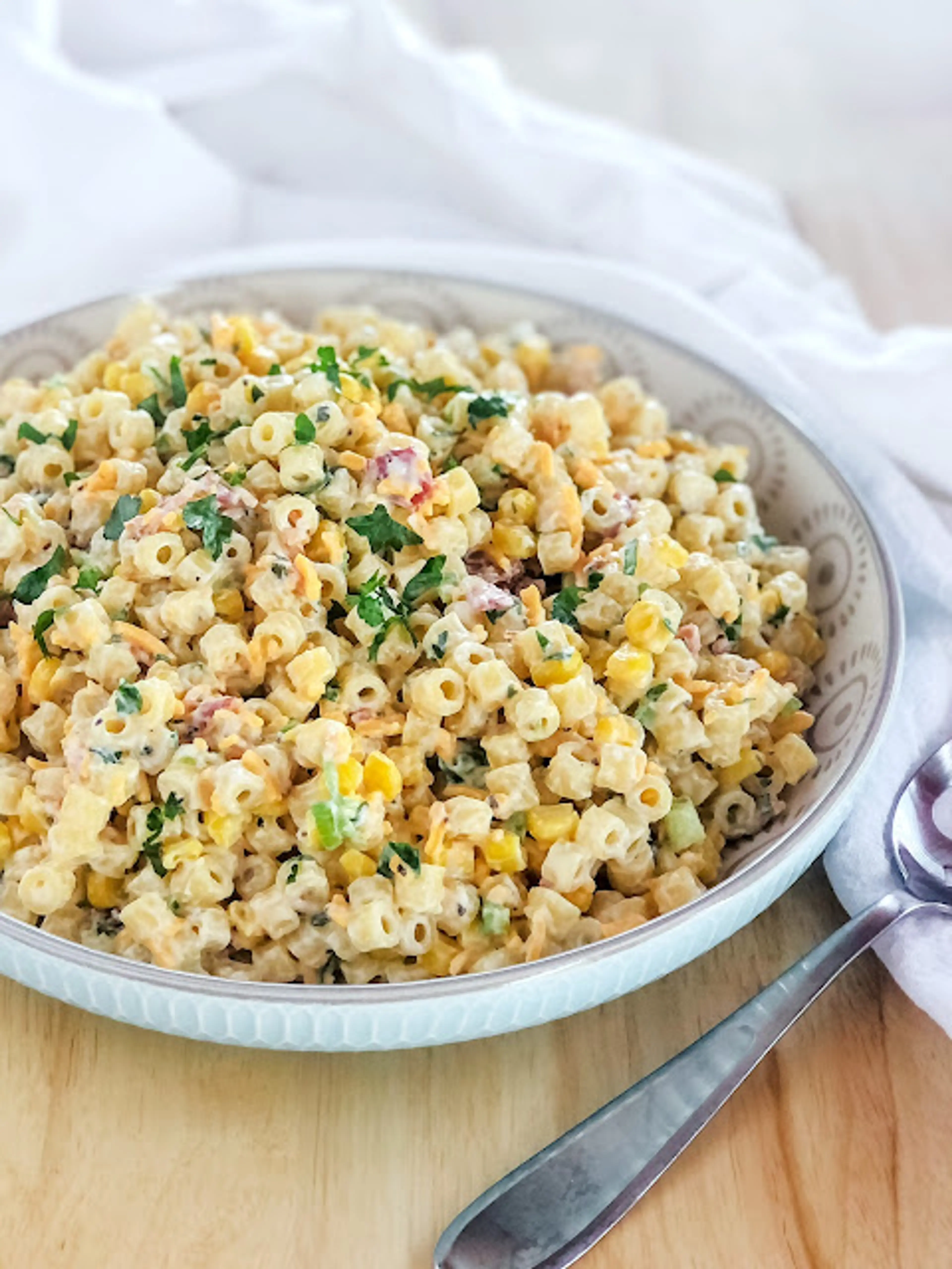Crack Corn Pasta Salad with Cheese & Bacon