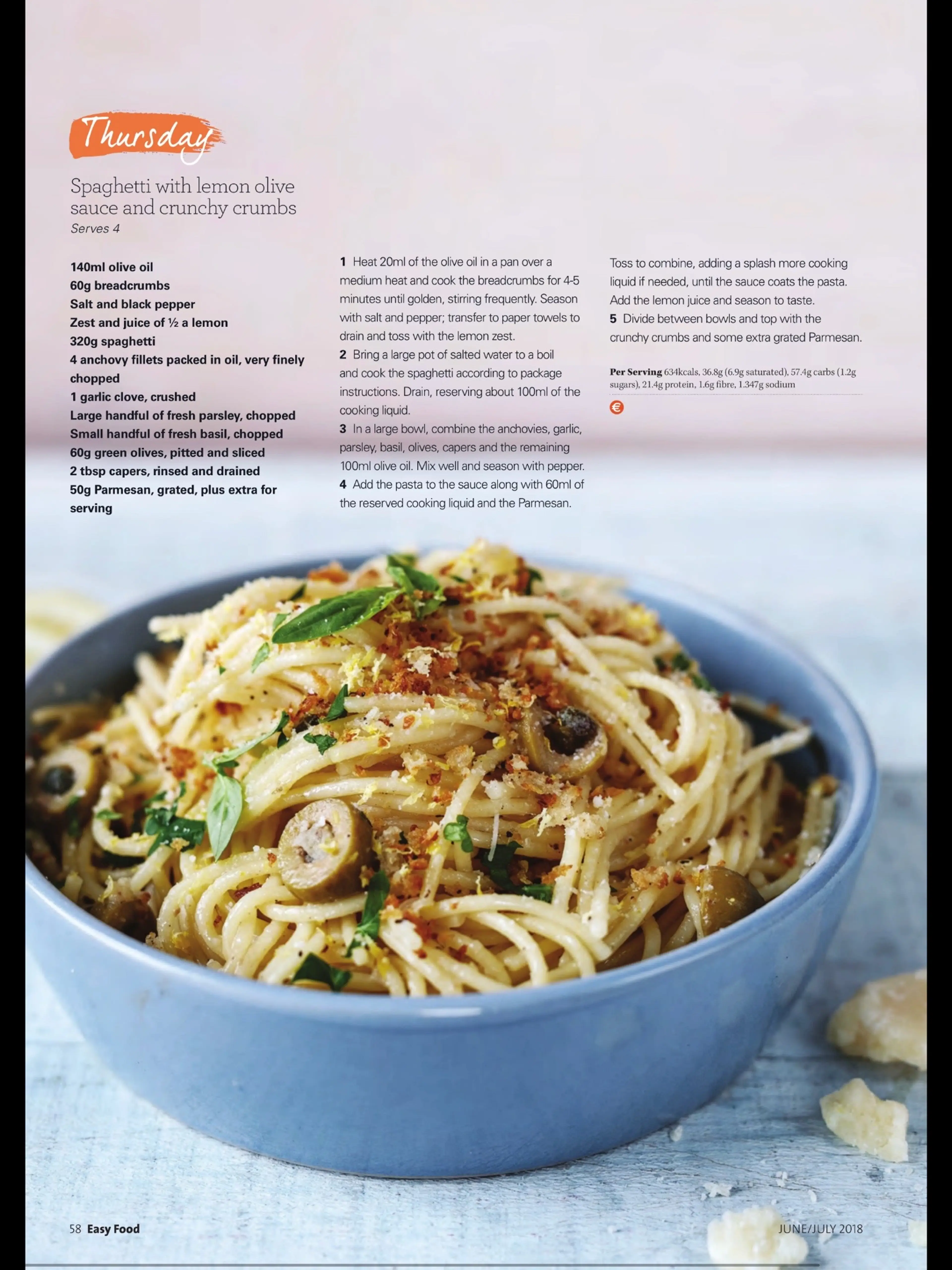 Spaghetti with lemon olive sauce and crunchy crumbs