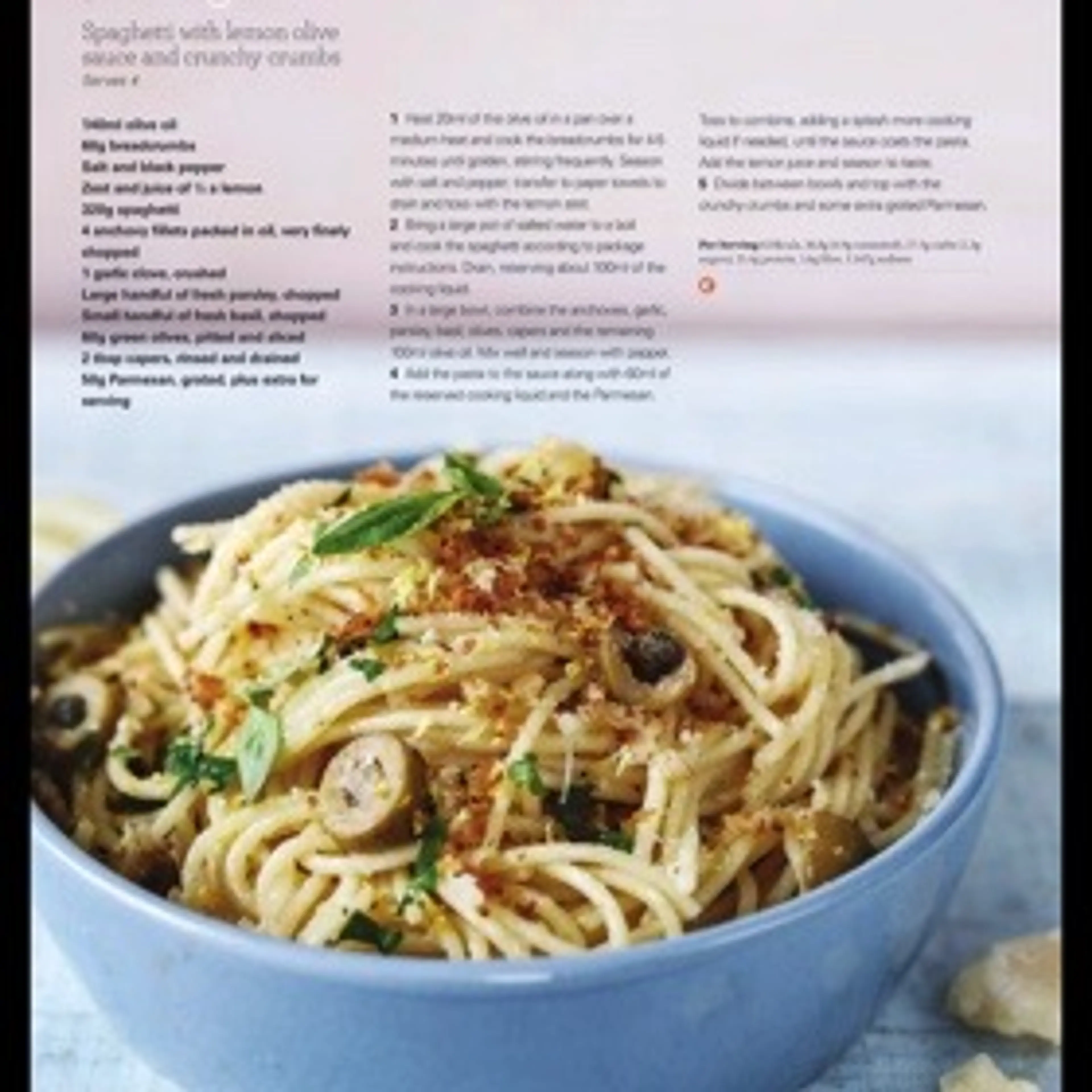 Spaghetti with lemon olive sauce and crunchy crumbs